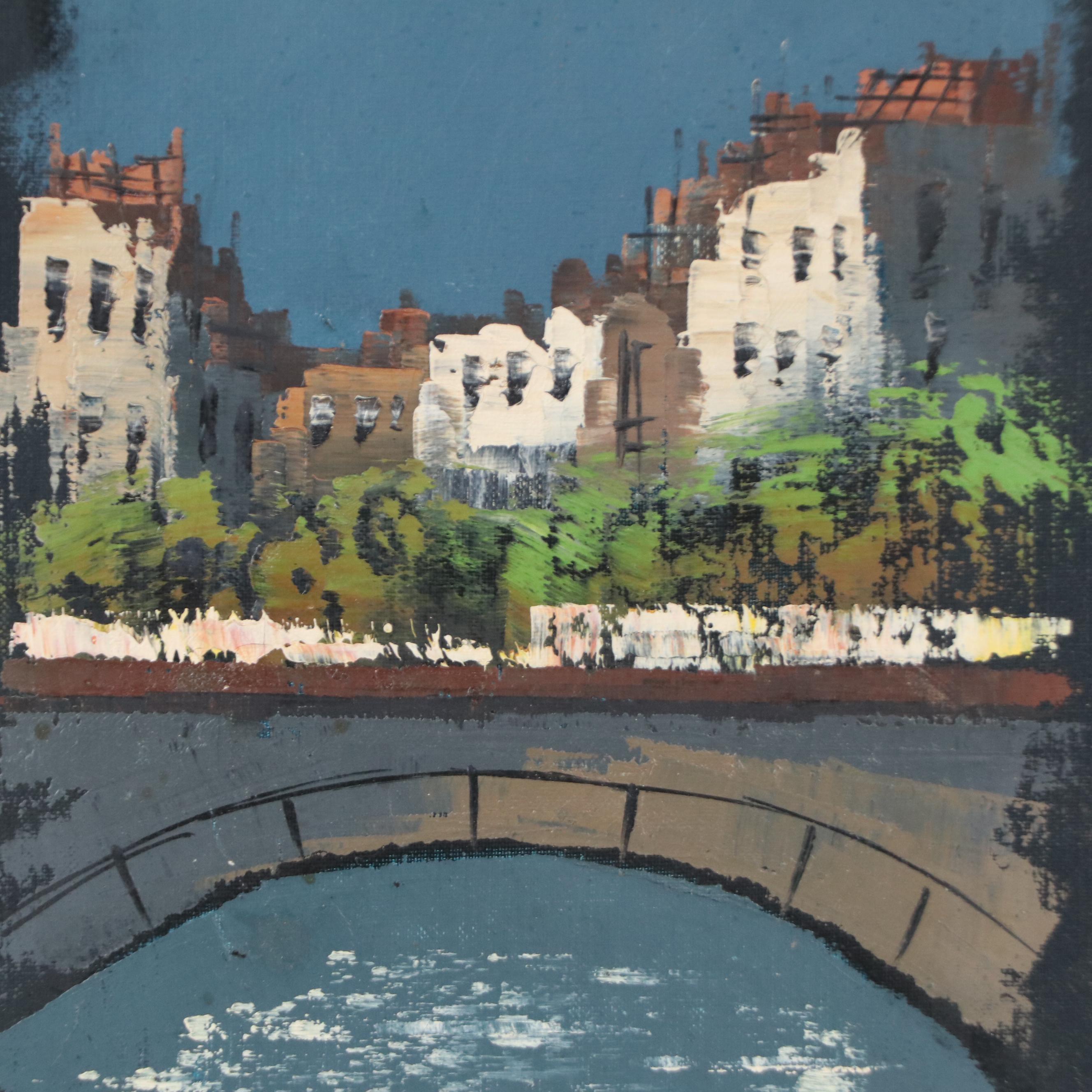 Oil Painting of Urban Bridge at Night, Mid-20th Century