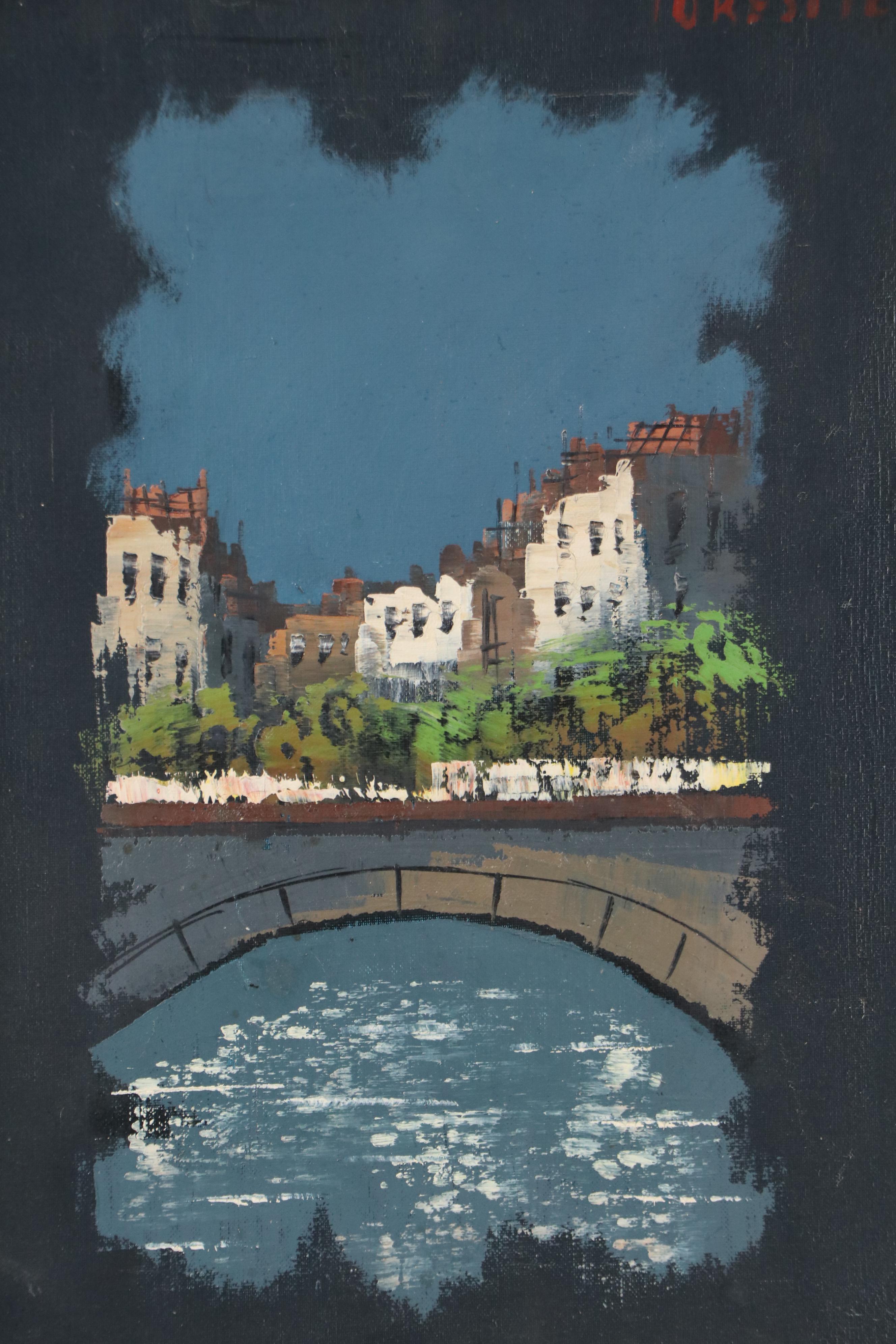 Oil Painting of Urban Bridge at Night, Mid-20th Century