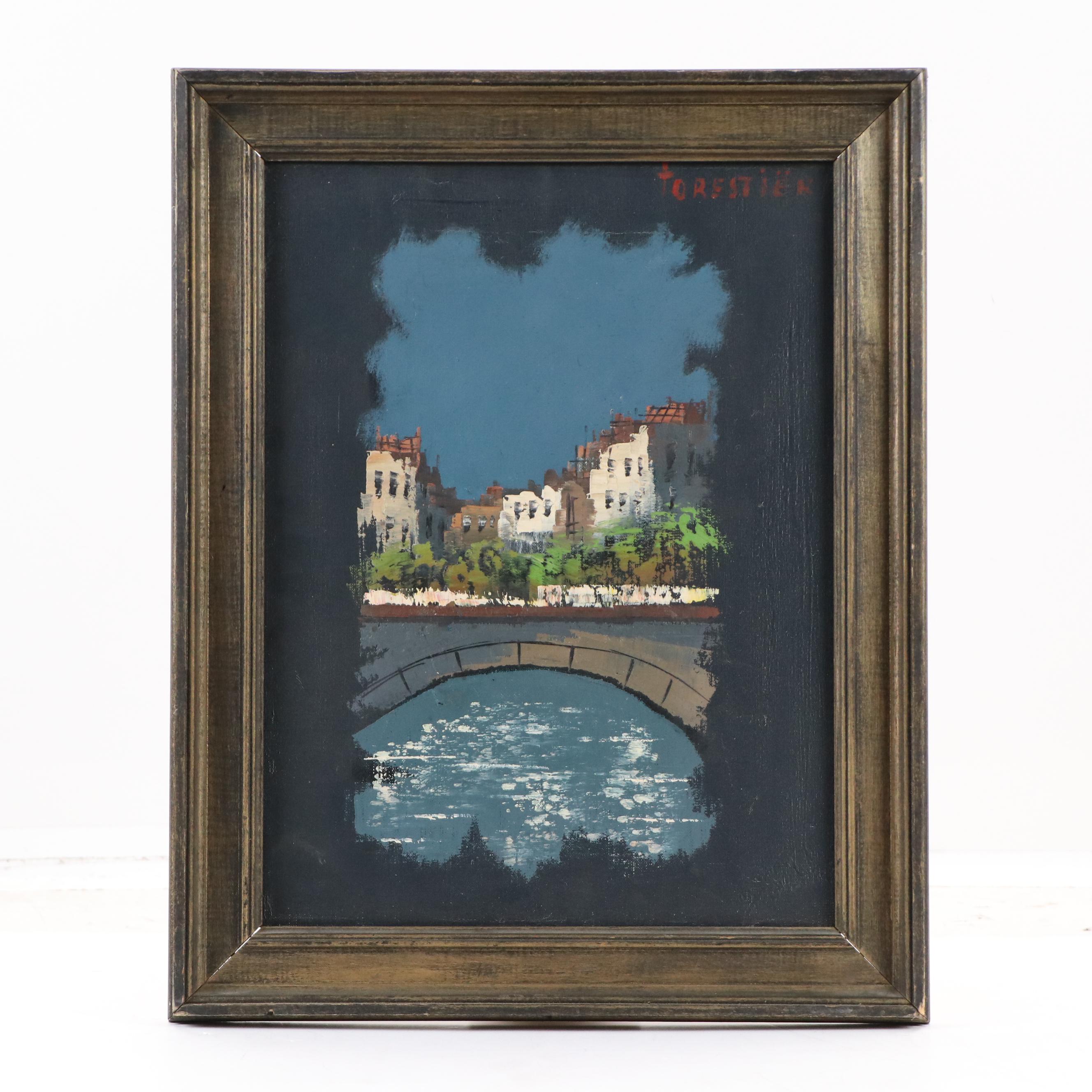 Oil Painting of Urban Bridge at Night, Mid-20th Century