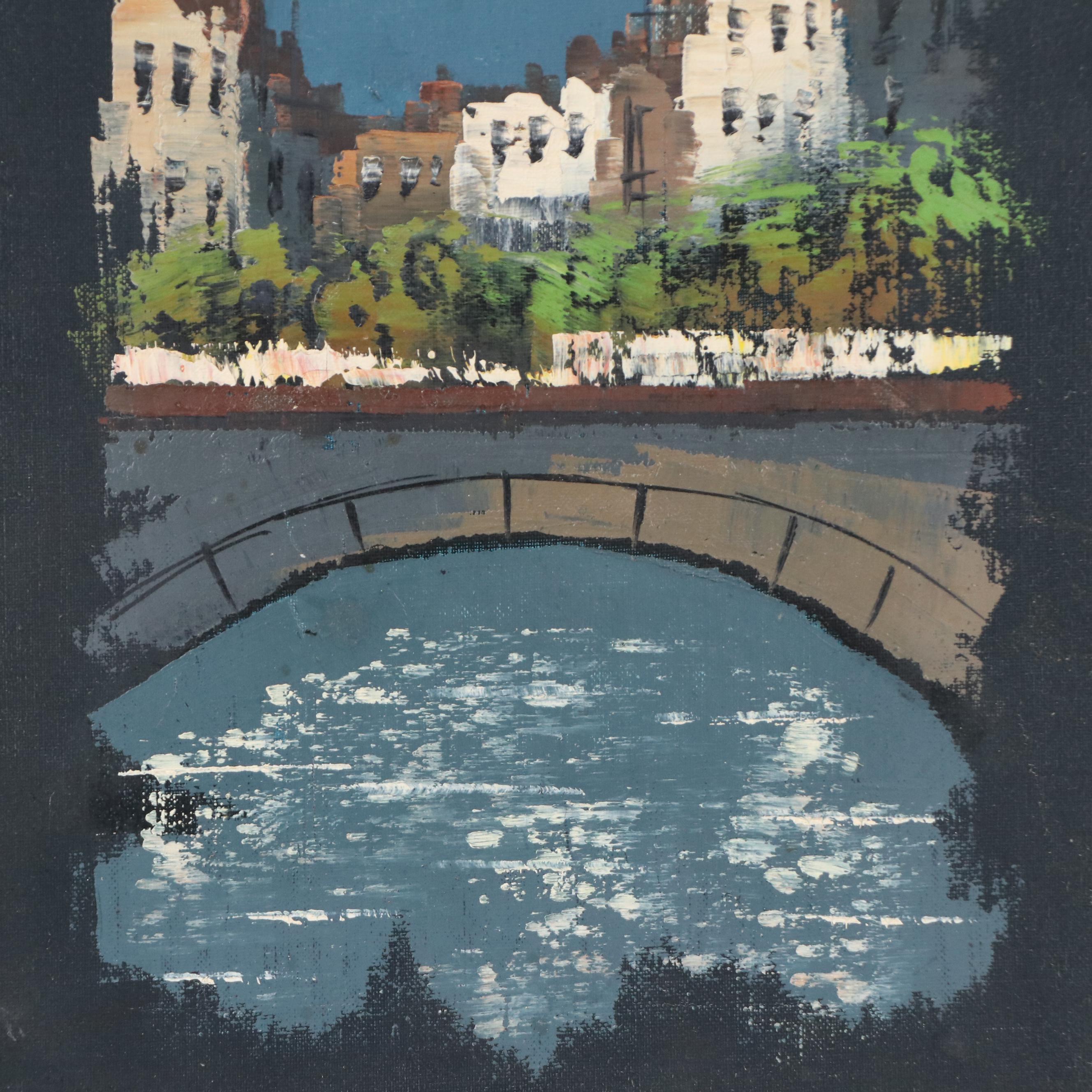 Oil Painting of Urban Bridge at Night, Mid-20th Century