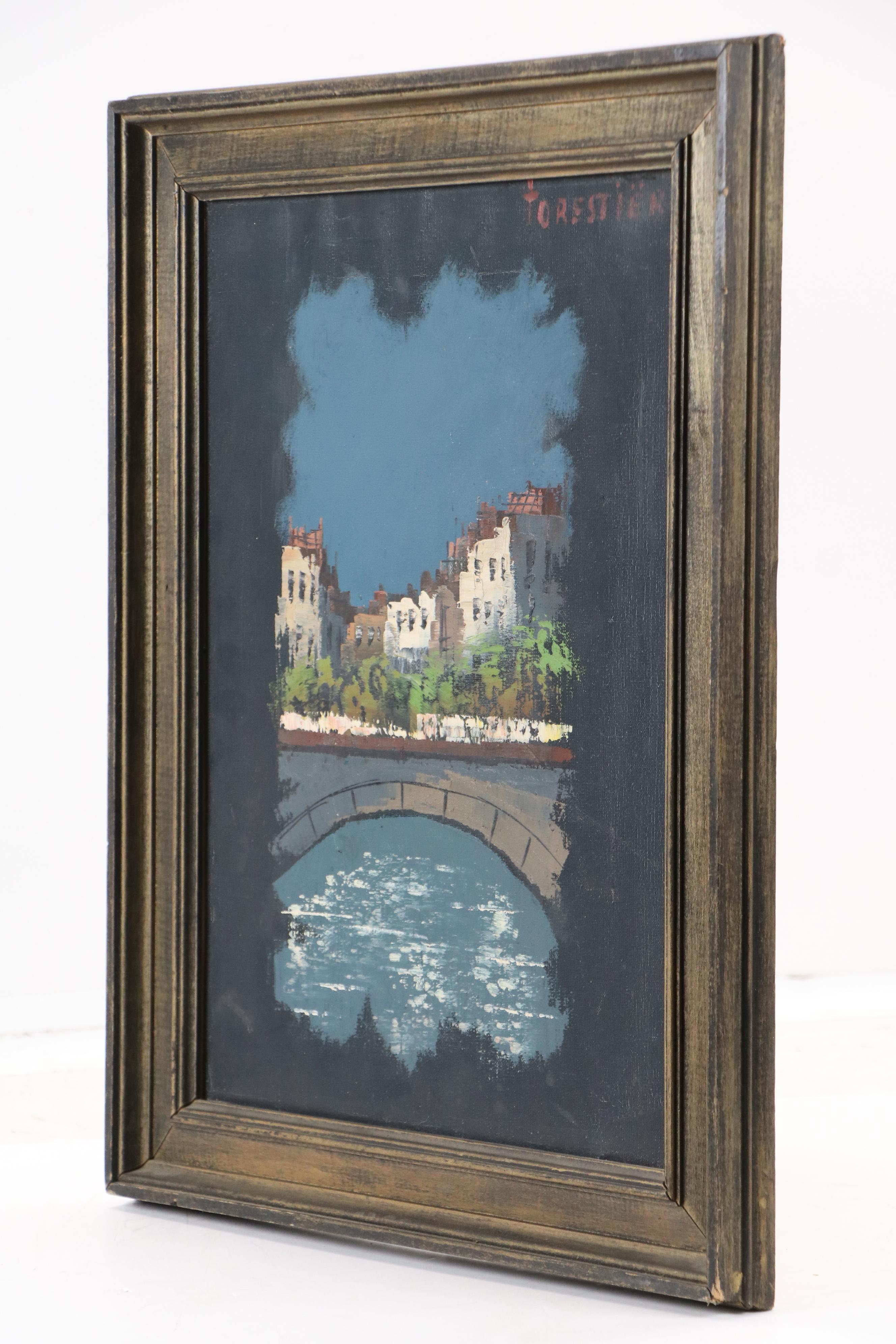 Oil Painting of Urban Bridge at Night, Mid-20th Century