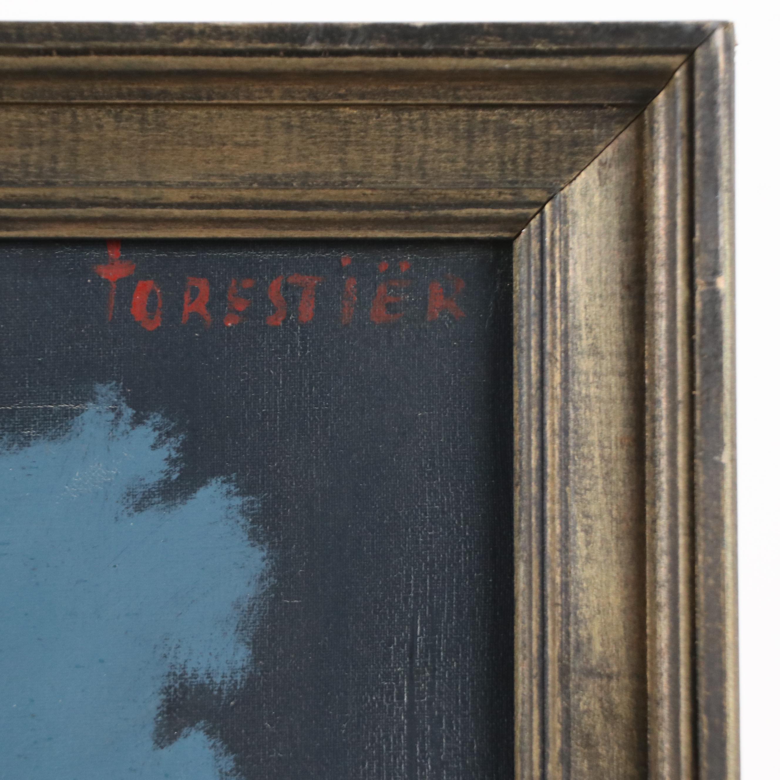 Oil Painting of Urban Bridge at Night, Mid-20th Century