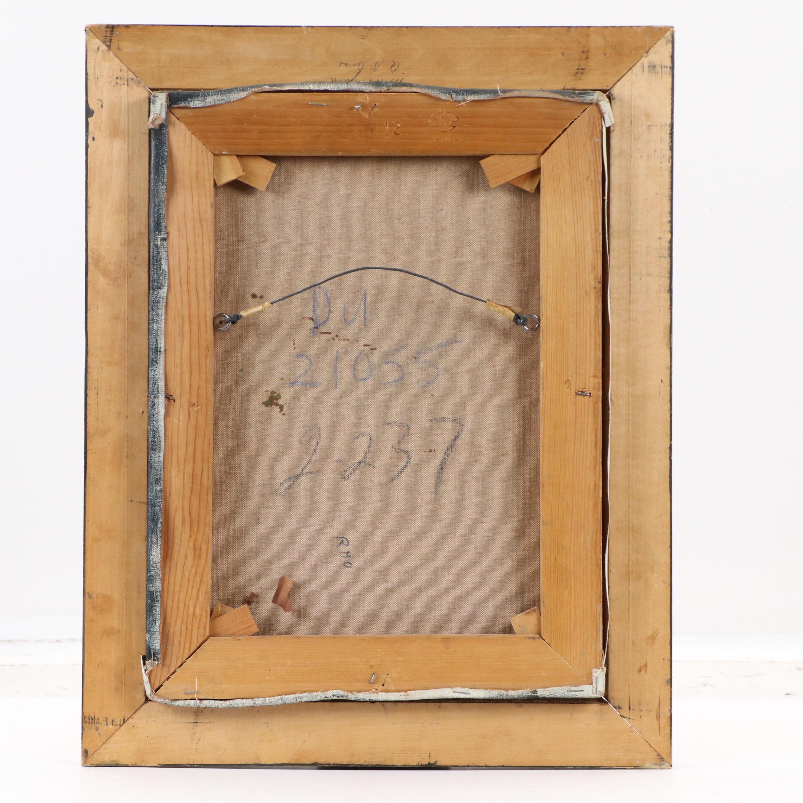 Oil Painting of Urban Bridge at Night, Mid-20th Century