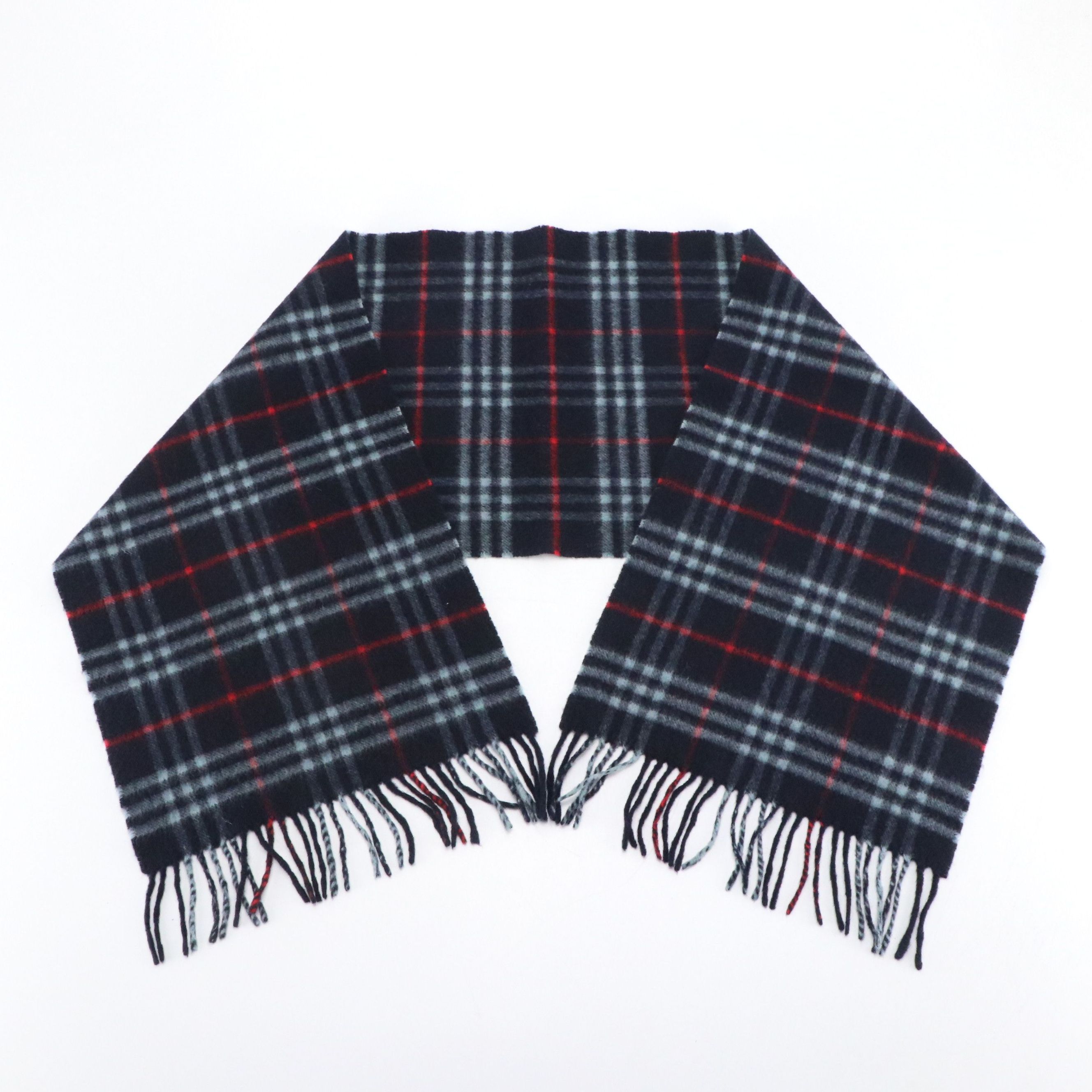 Burberrys Navy Blue House Check Cashmere/Lambswool Fringe Scarf