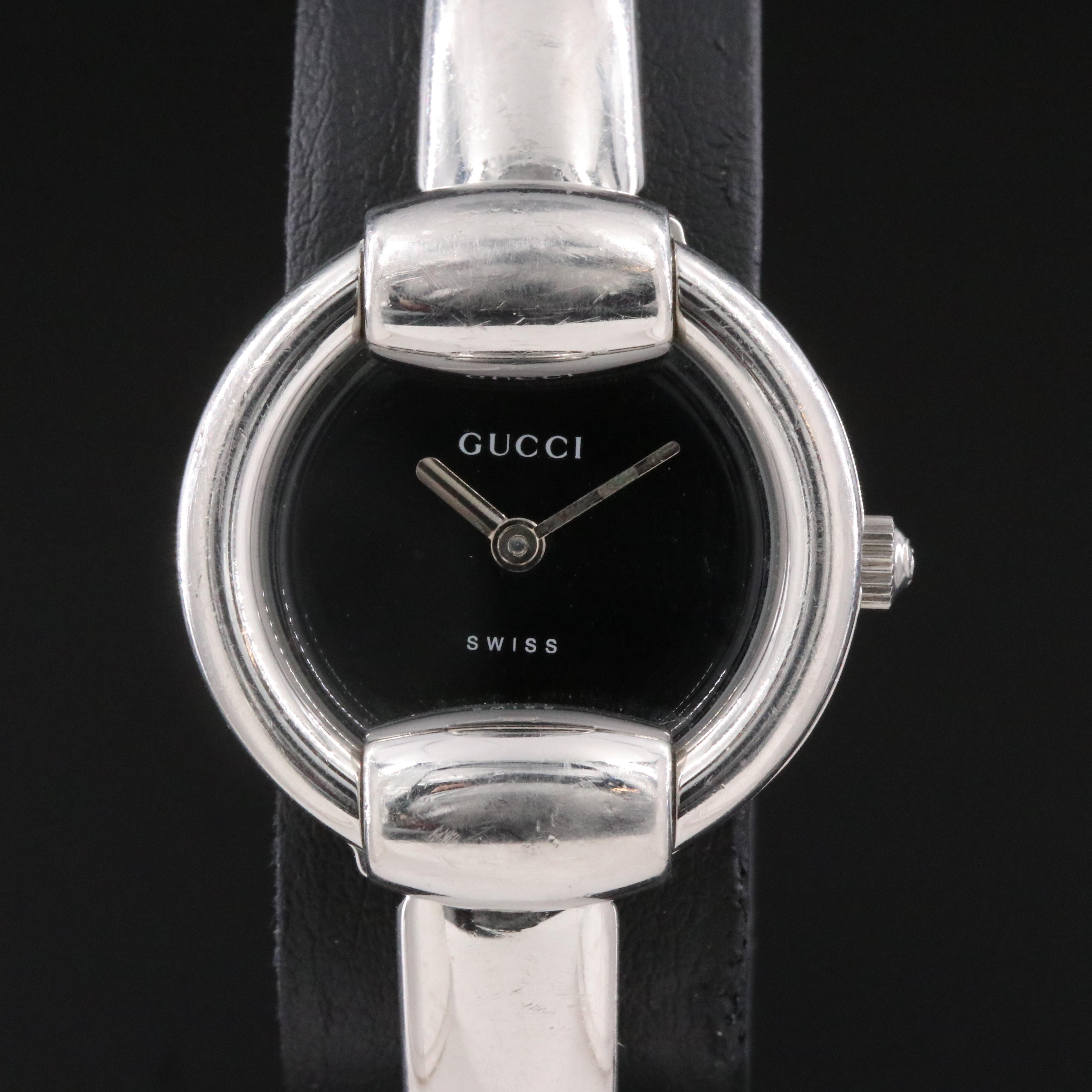 Gucci 1400L Stainless Steel  Horsebit Bangle and Black Dial Watch