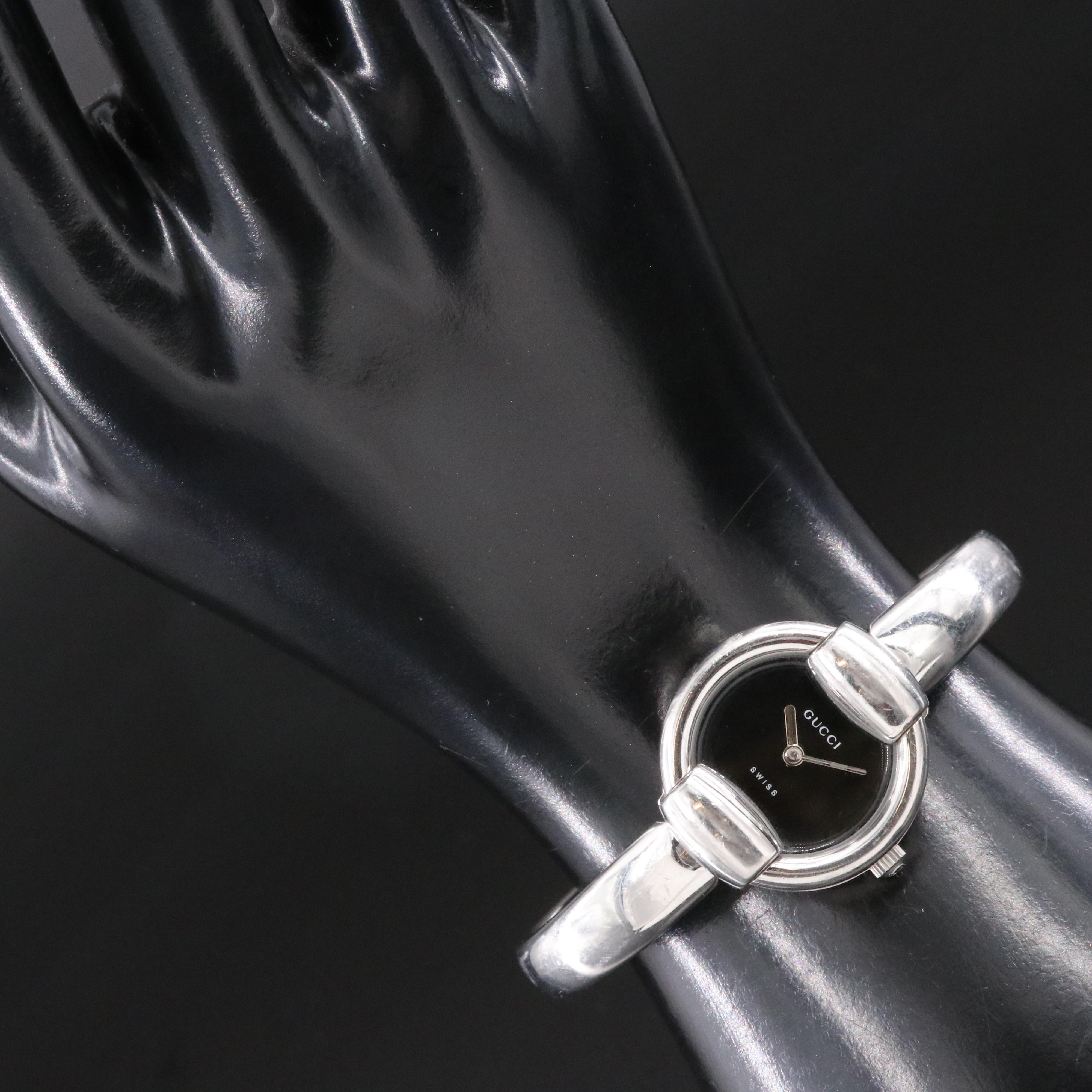 Gucci 1400L Stainless Steel  Horsebit Bangle and Black Dial Watch