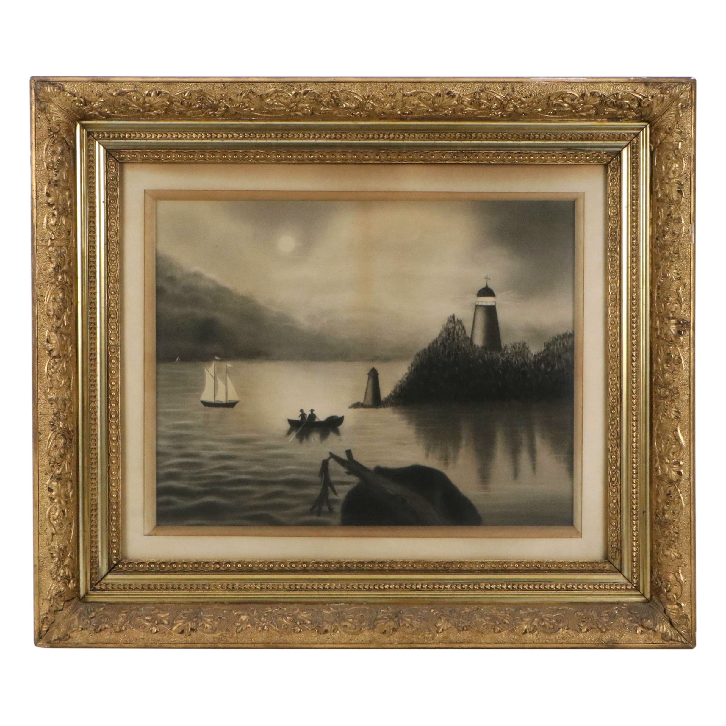 Naive Charcoal Drawing of Nautical Scene, Circa 1900