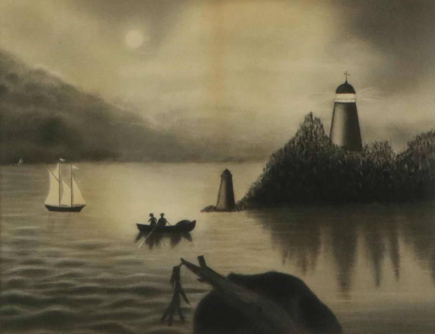 Naive Charcoal Drawing of Nautical Scene, Circa 1900