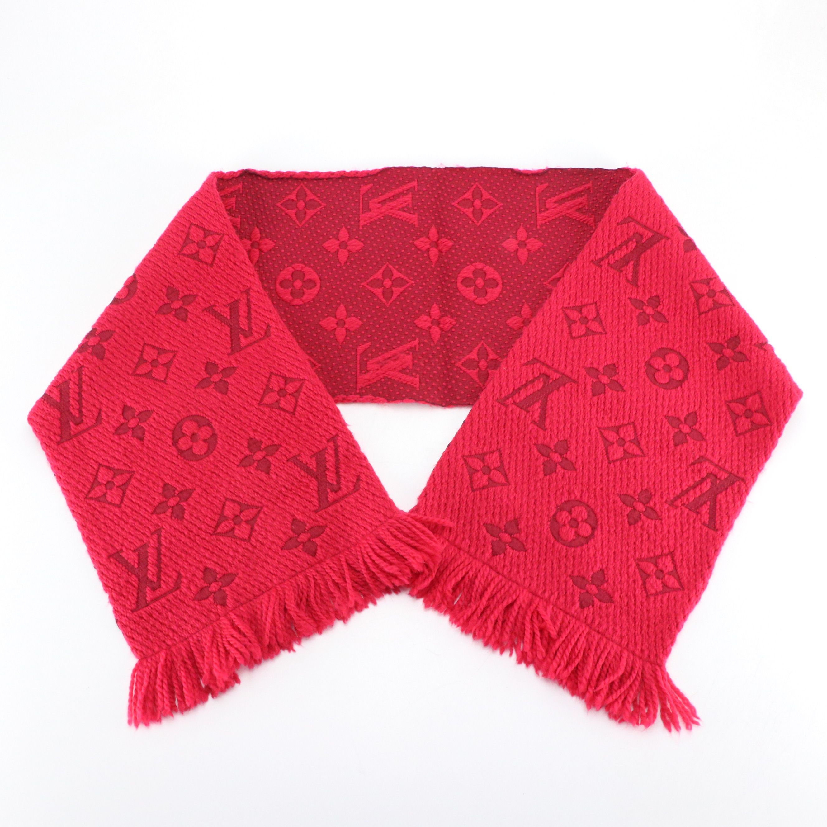 Louis Vuitton Logomania Fringe Scarf in Raspberry Pink Wool/Silk Jacquard