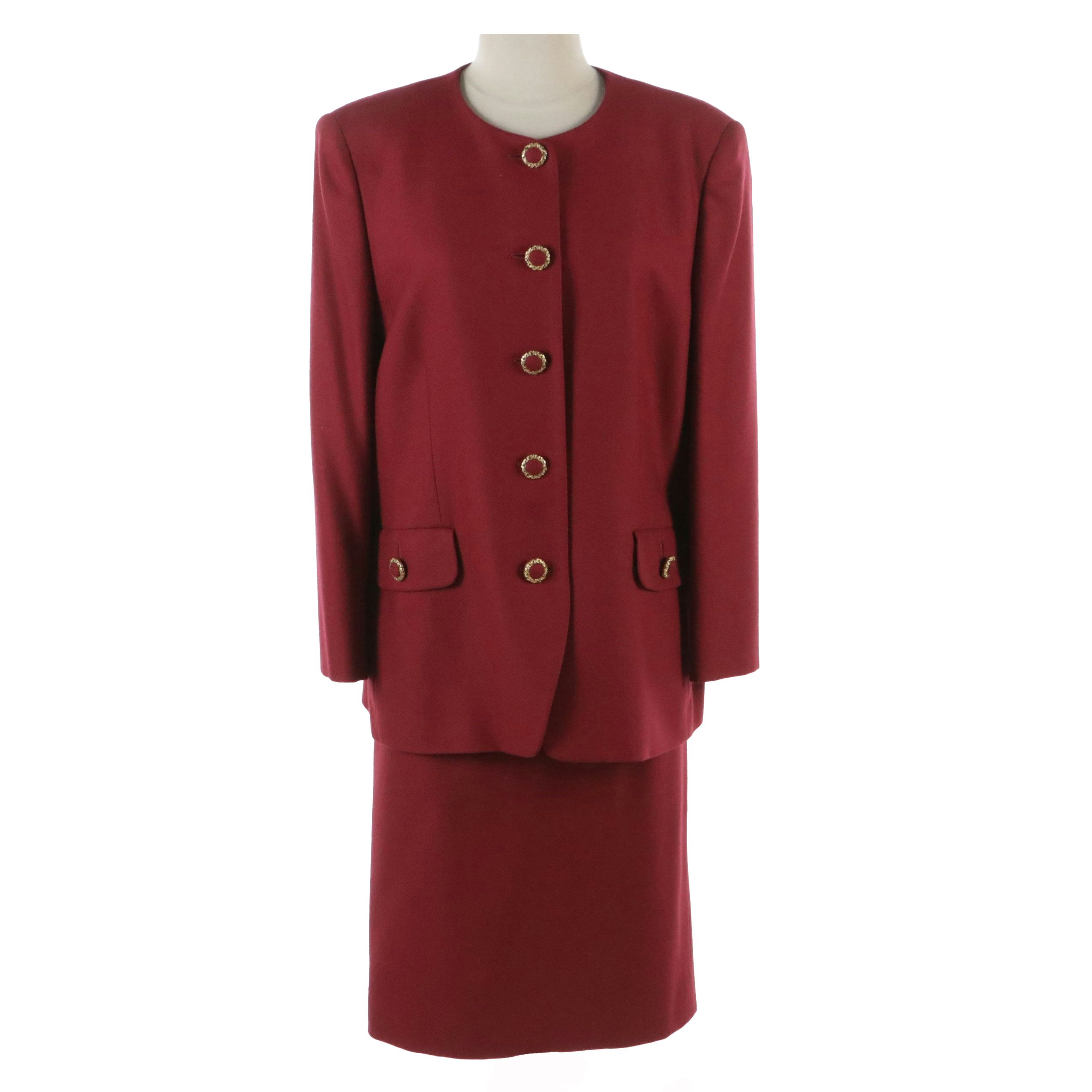 Burberrys Red Wool Single-Breasted Two-Piece Skirt Set