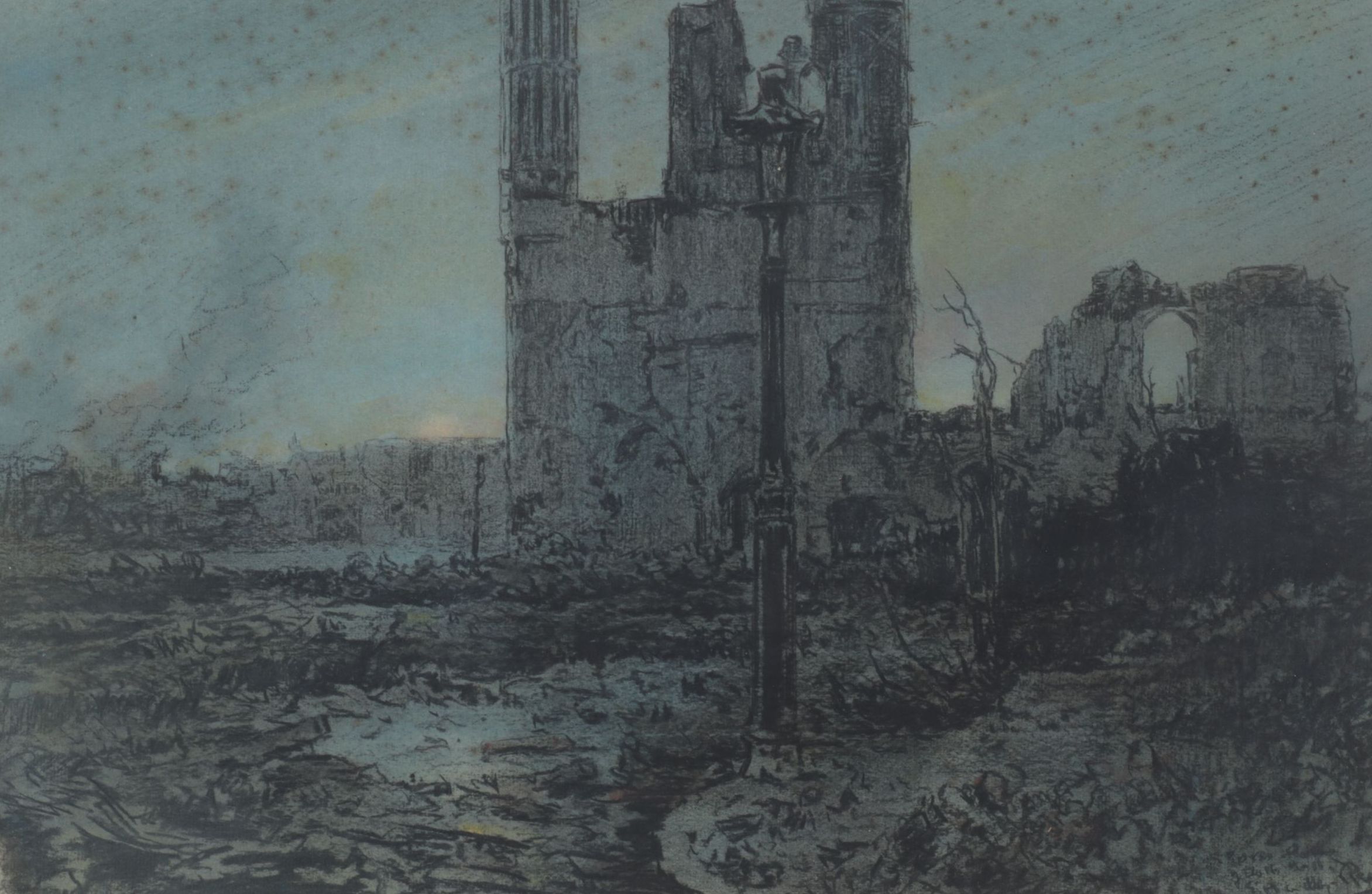 Edward Handley-Read Charcoal & Watercolor Painting "Ypres, Belgium - Cloth Hall"