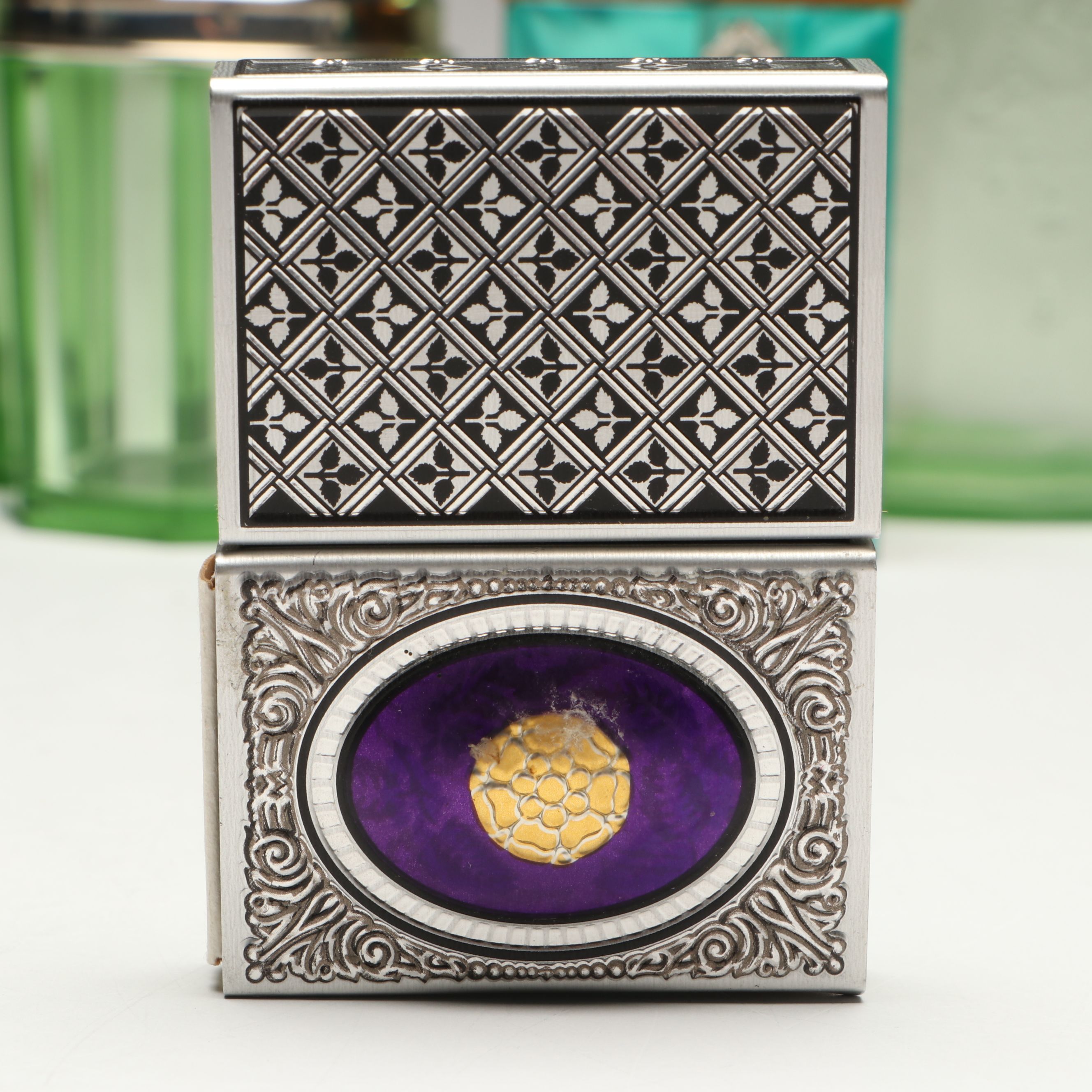 Uranium Glass Tobacco Jars with Enamel Matchbox and Cigar Cases