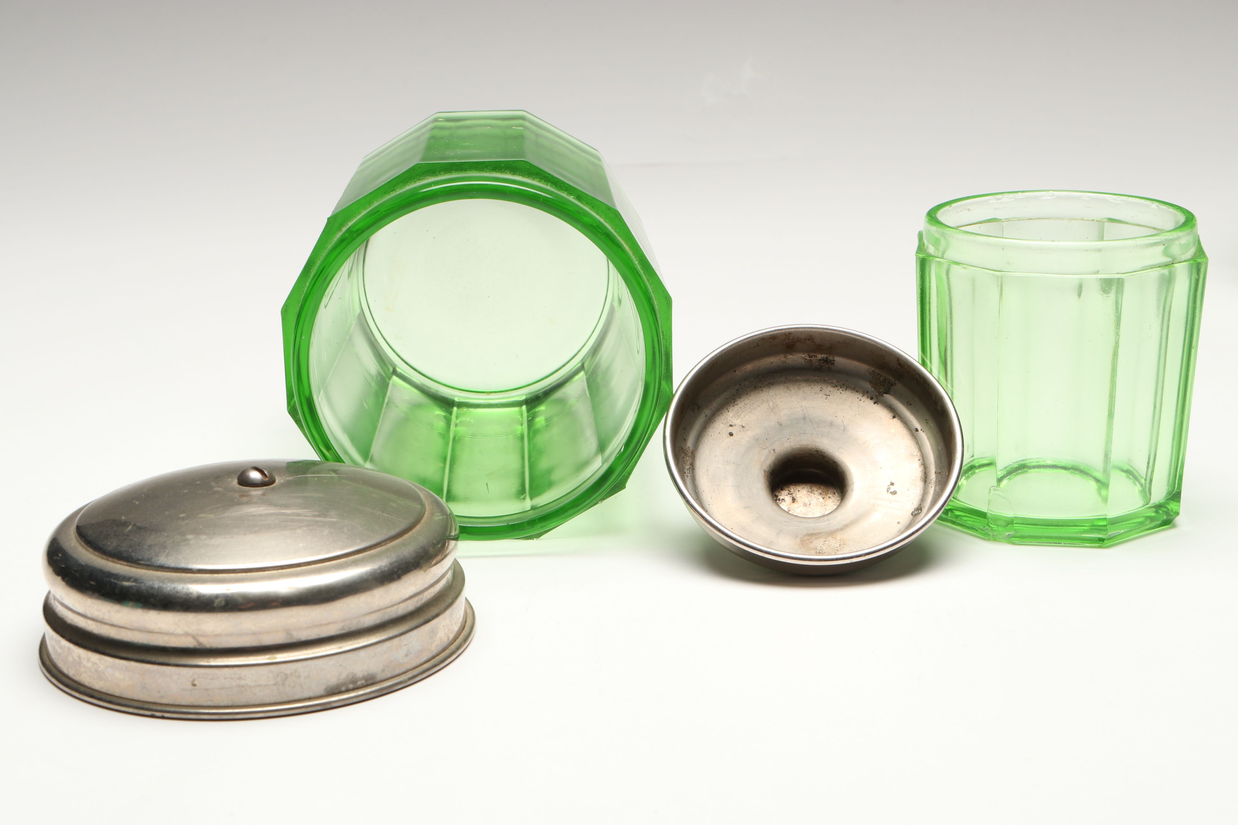 Uranium Glass Tobacco Jars with Enamel Matchbox and Cigar Cases