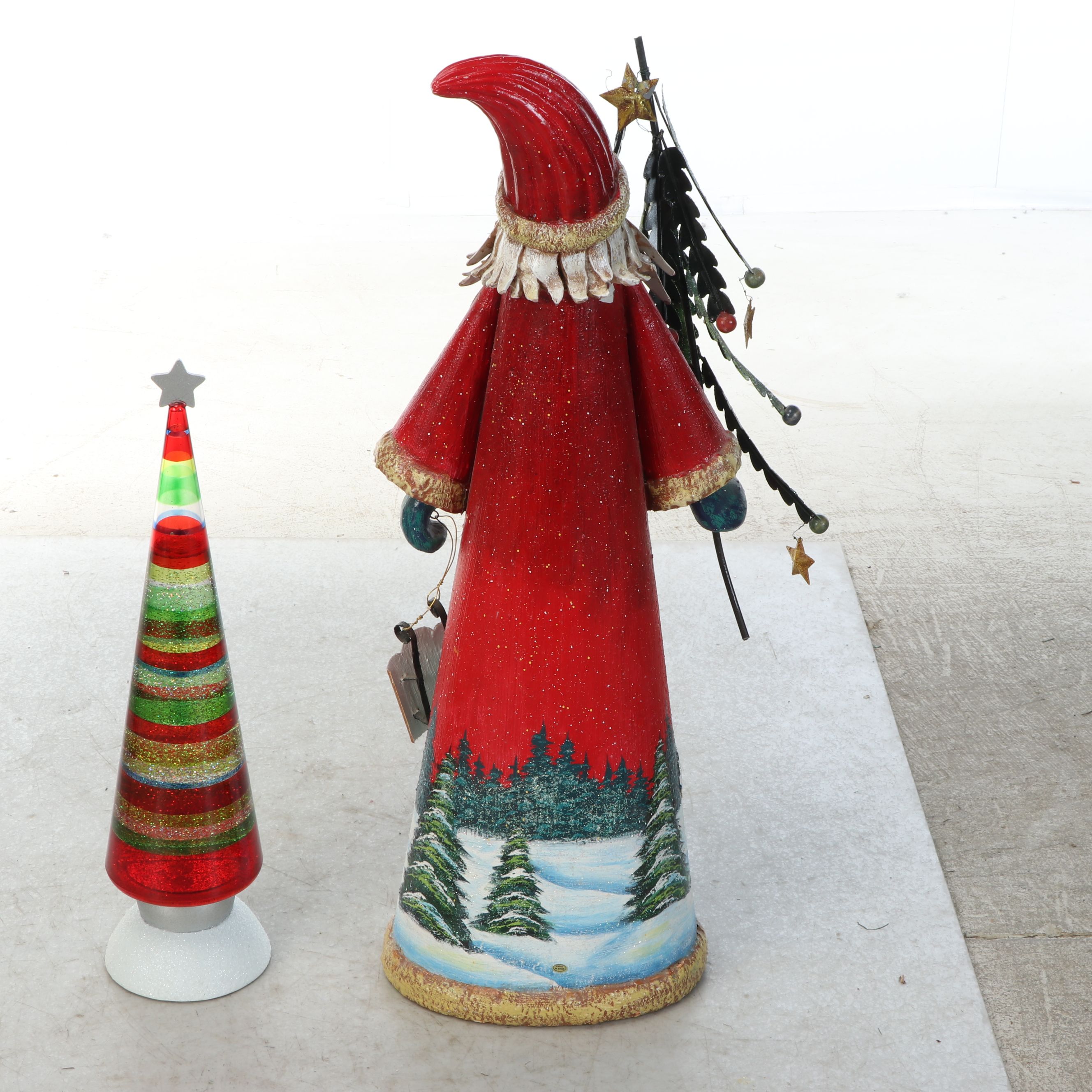 Speckled Tin Santa Figure with Illuminated Glittery Tree