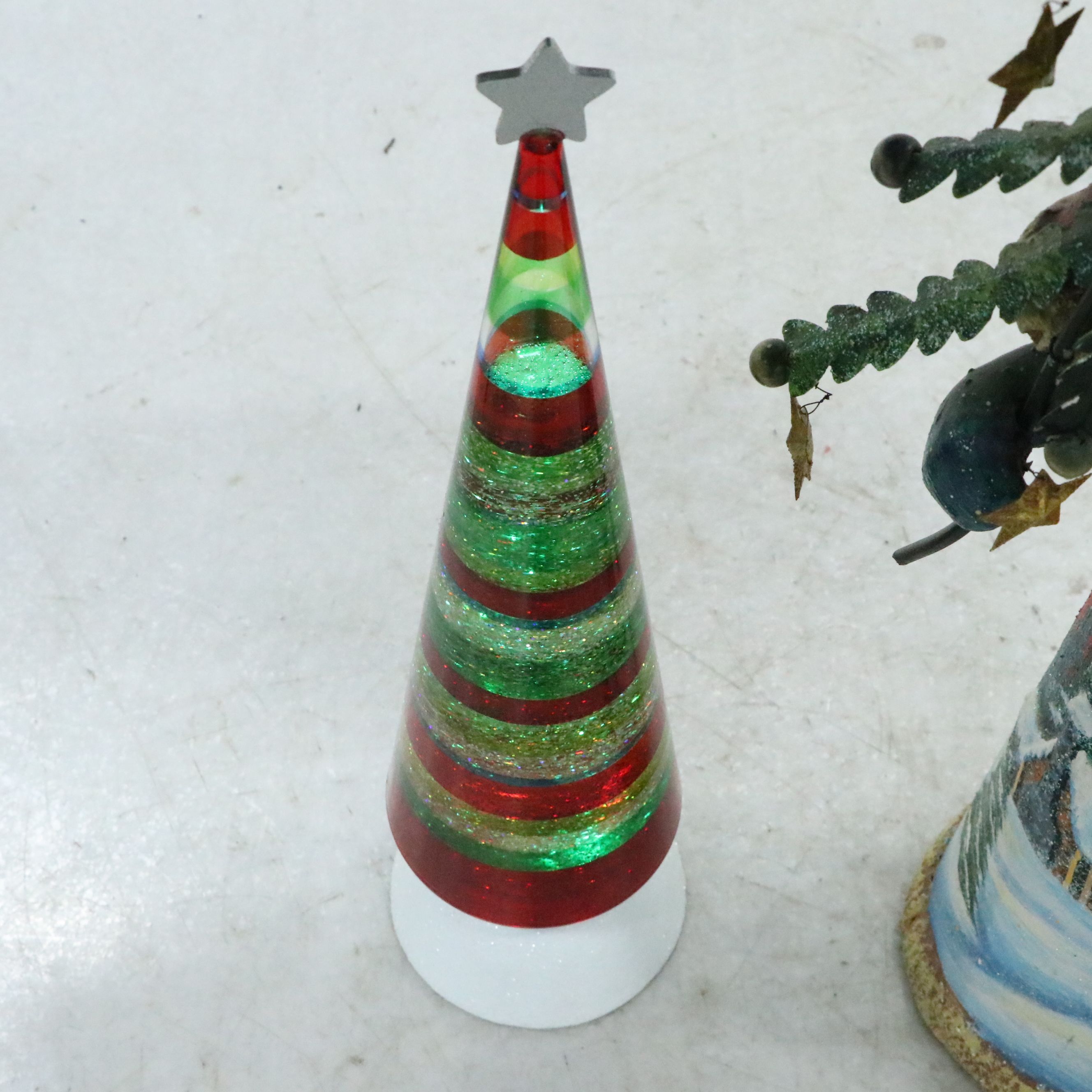 Speckled Tin Santa Figure with Illuminated Glittery Tree