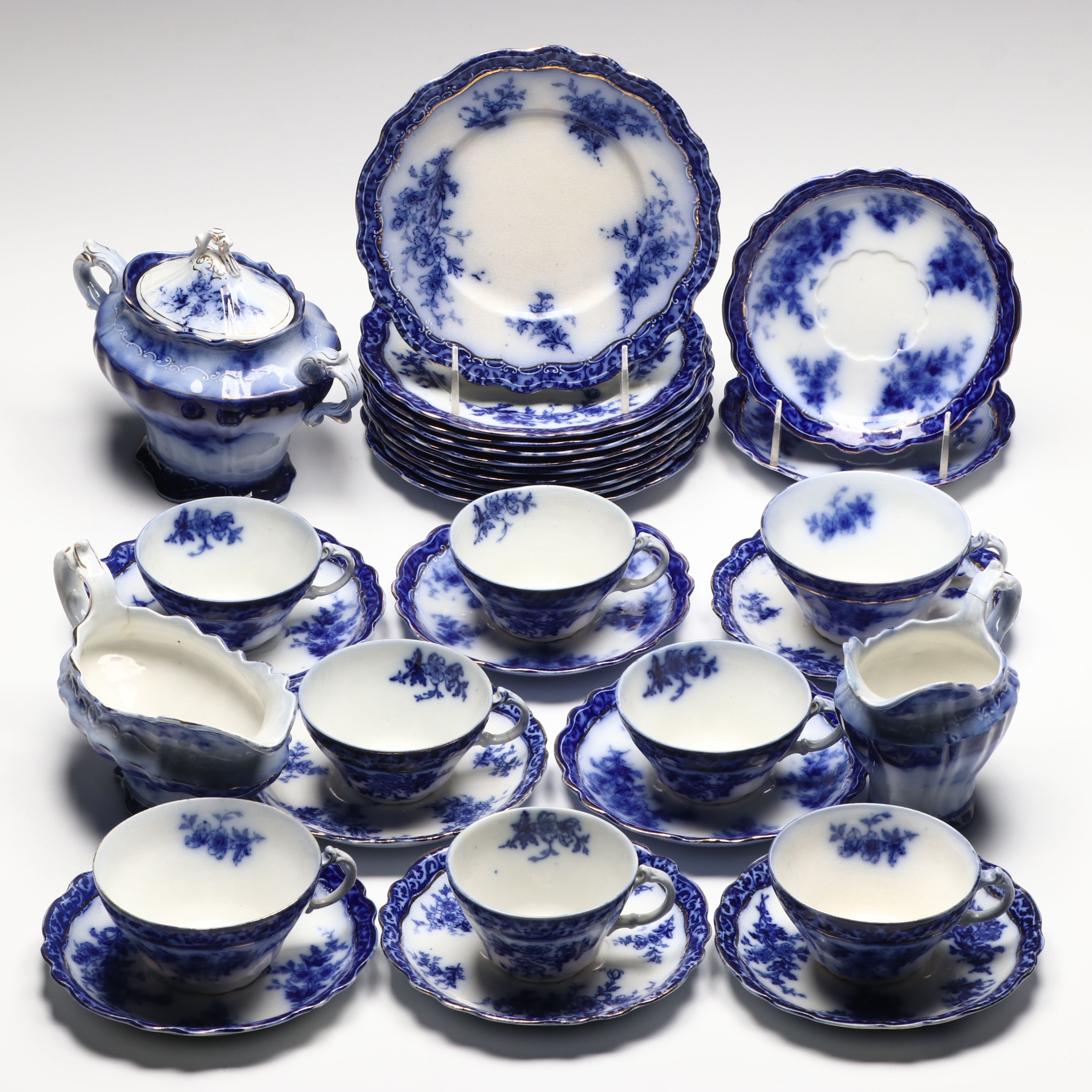 Staffordshire "Touraine Flow Blue" Teacups and Other Gilt Porcelain Tableware