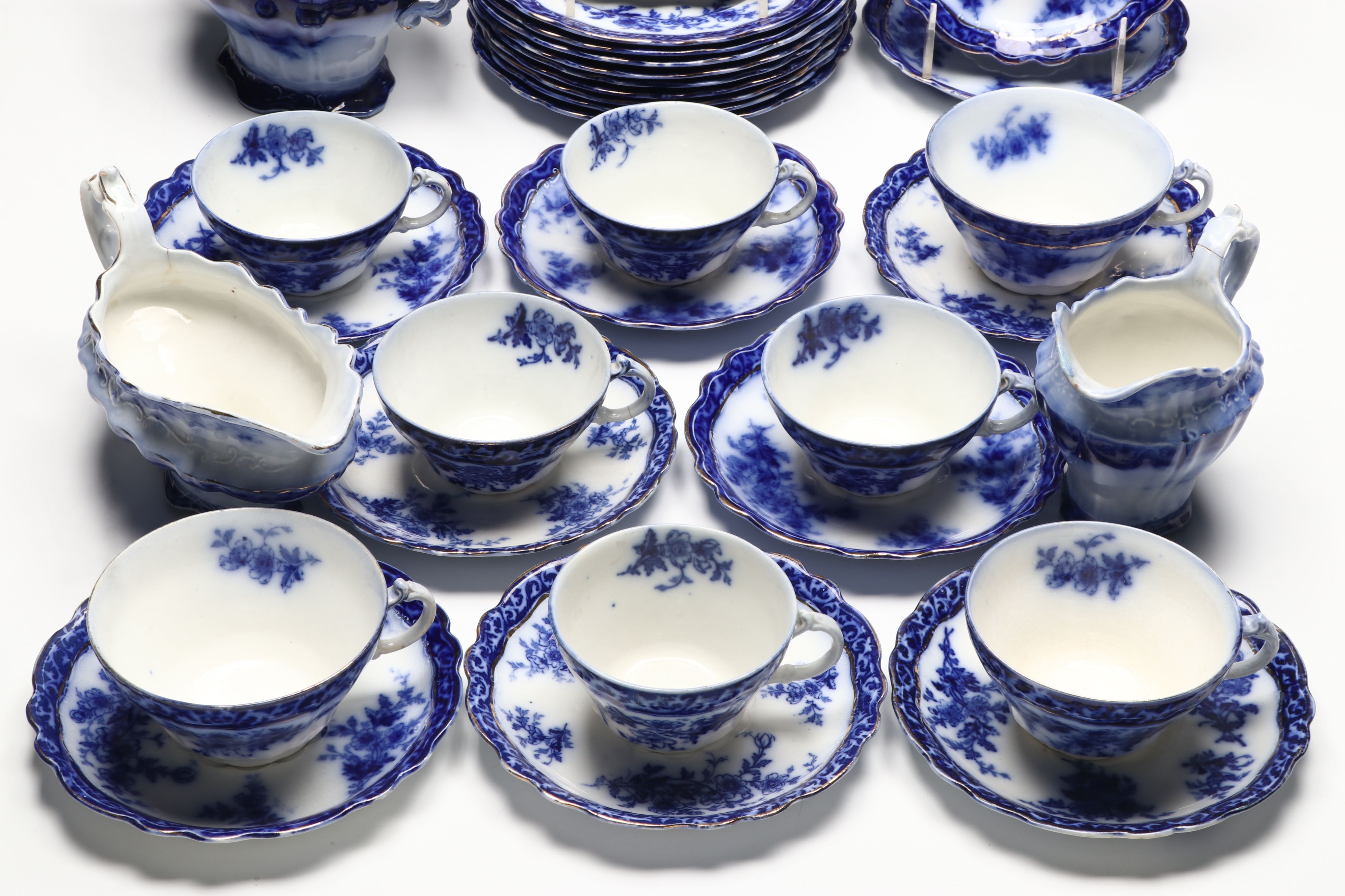 Staffordshire "Touraine Flow Blue" Teacups and Other Gilt Porcelain Tableware