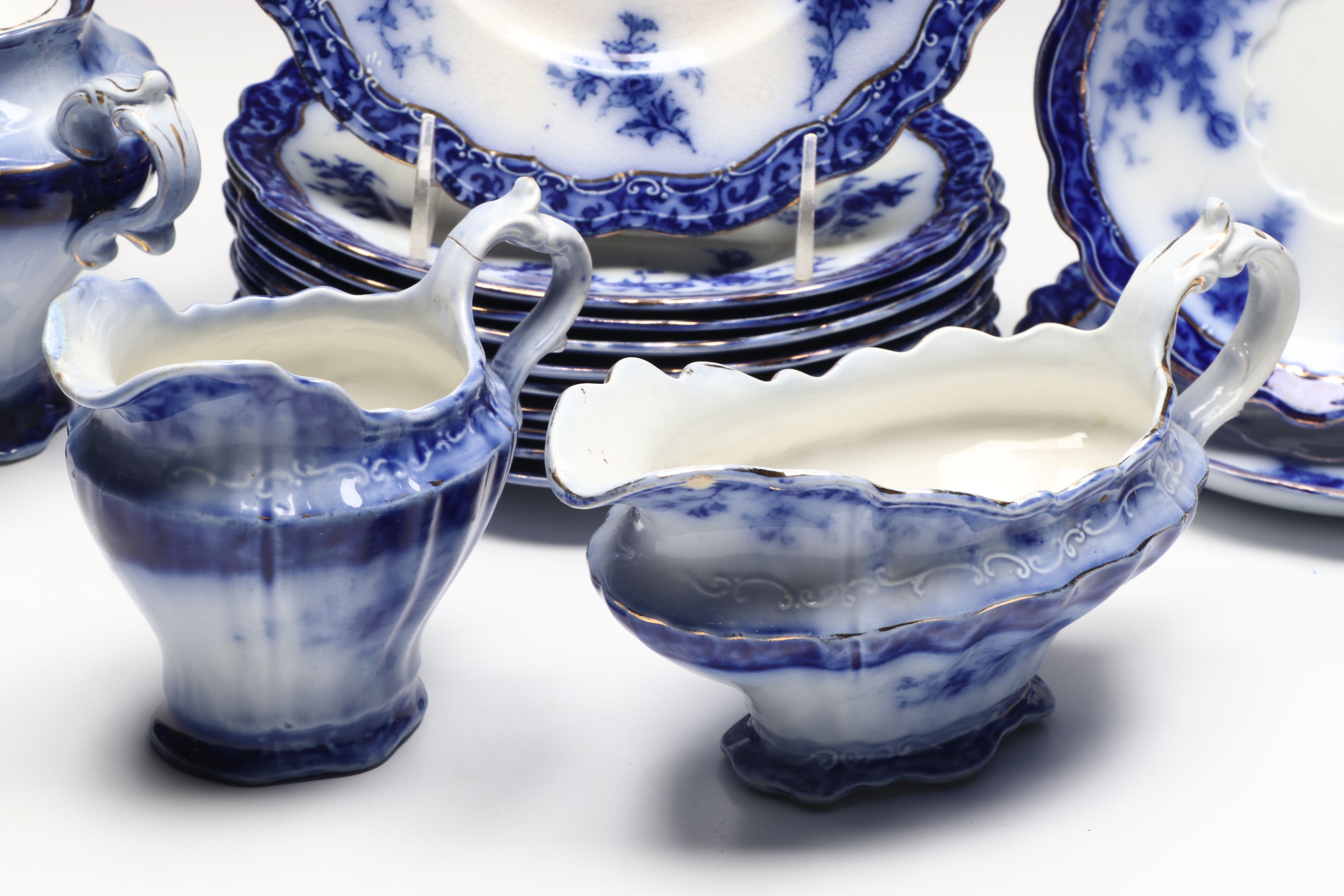 Staffordshire "Touraine Flow Blue" Teacups and Other Gilt Porcelain Tableware