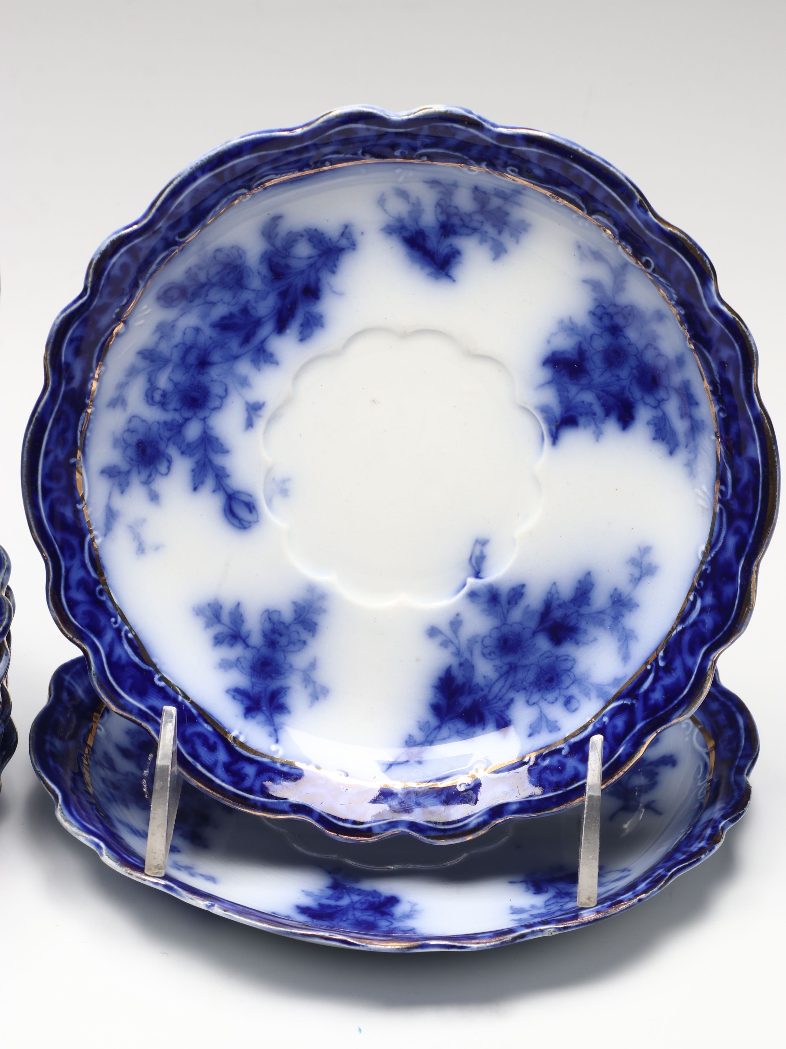 Staffordshire "Touraine Flow Blue" Teacups and Other Gilt Porcelain Tableware