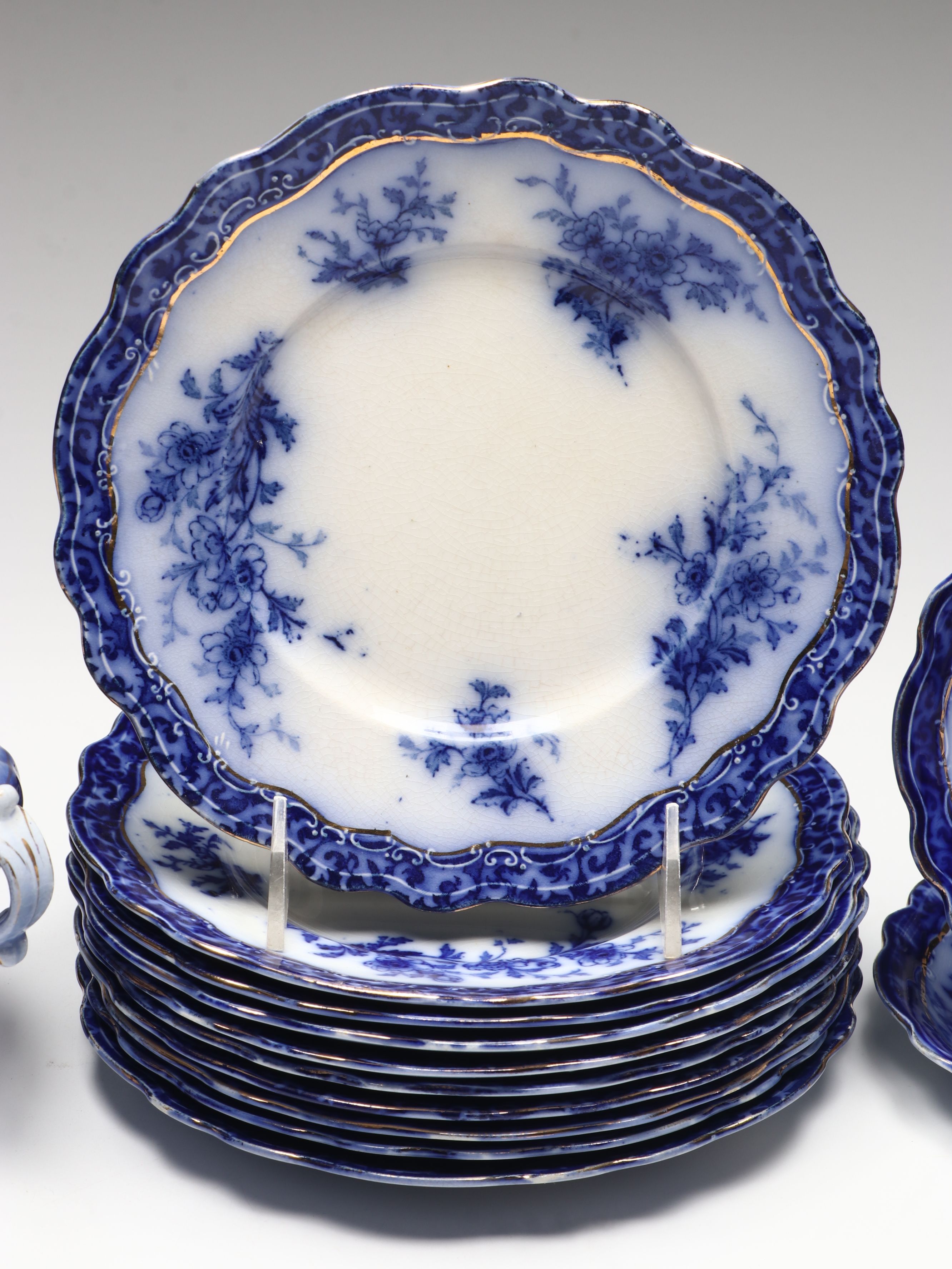 Staffordshire "Touraine Flow Blue" Teacups and Other Gilt Porcelain Tableware