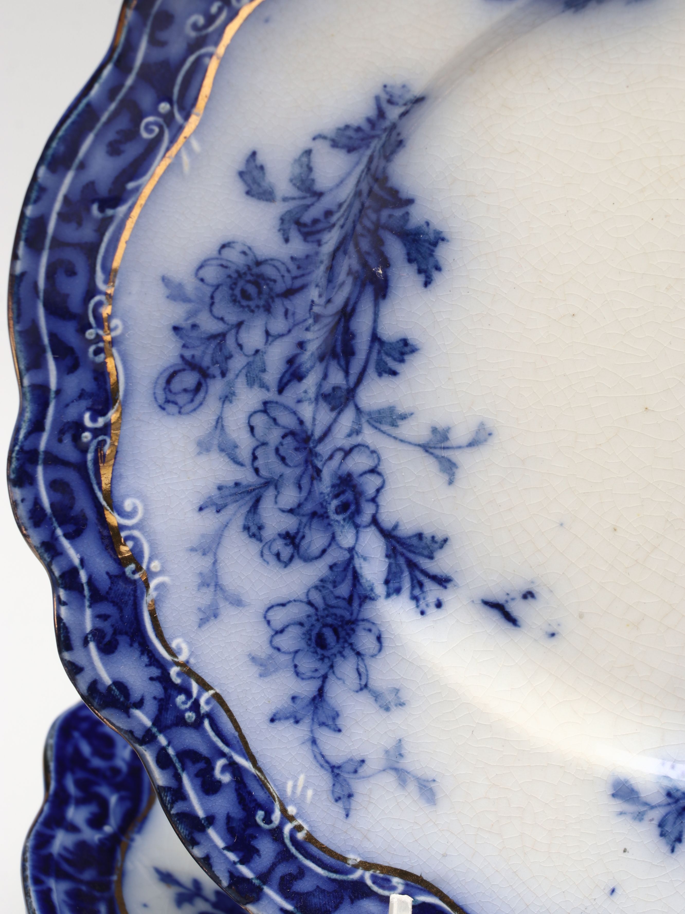 Staffordshire "Touraine Flow Blue" Teacups and Other Gilt Porcelain Tableware