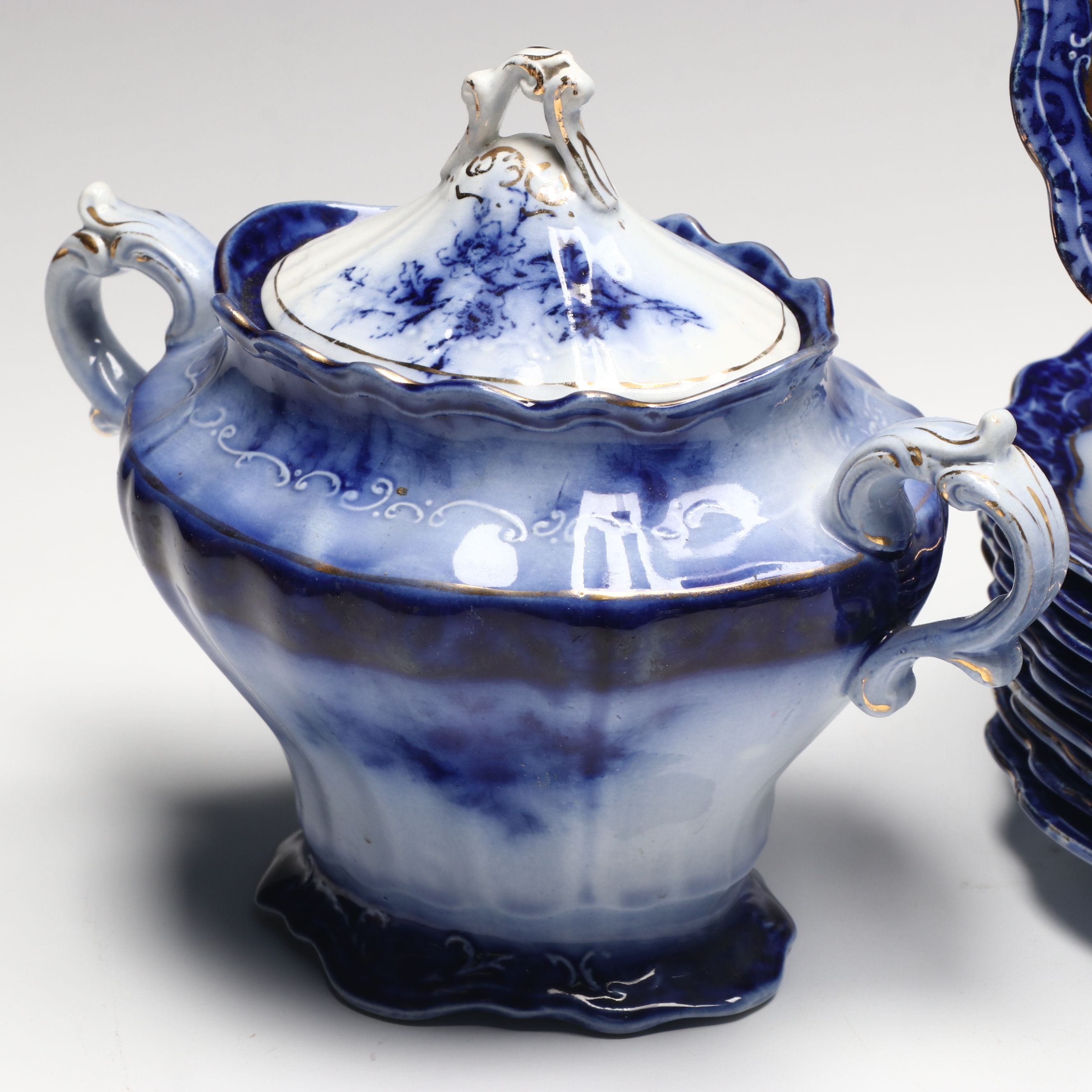 Staffordshire "Touraine Flow Blue" Teacups and Other Gilt Porcelain Tableware