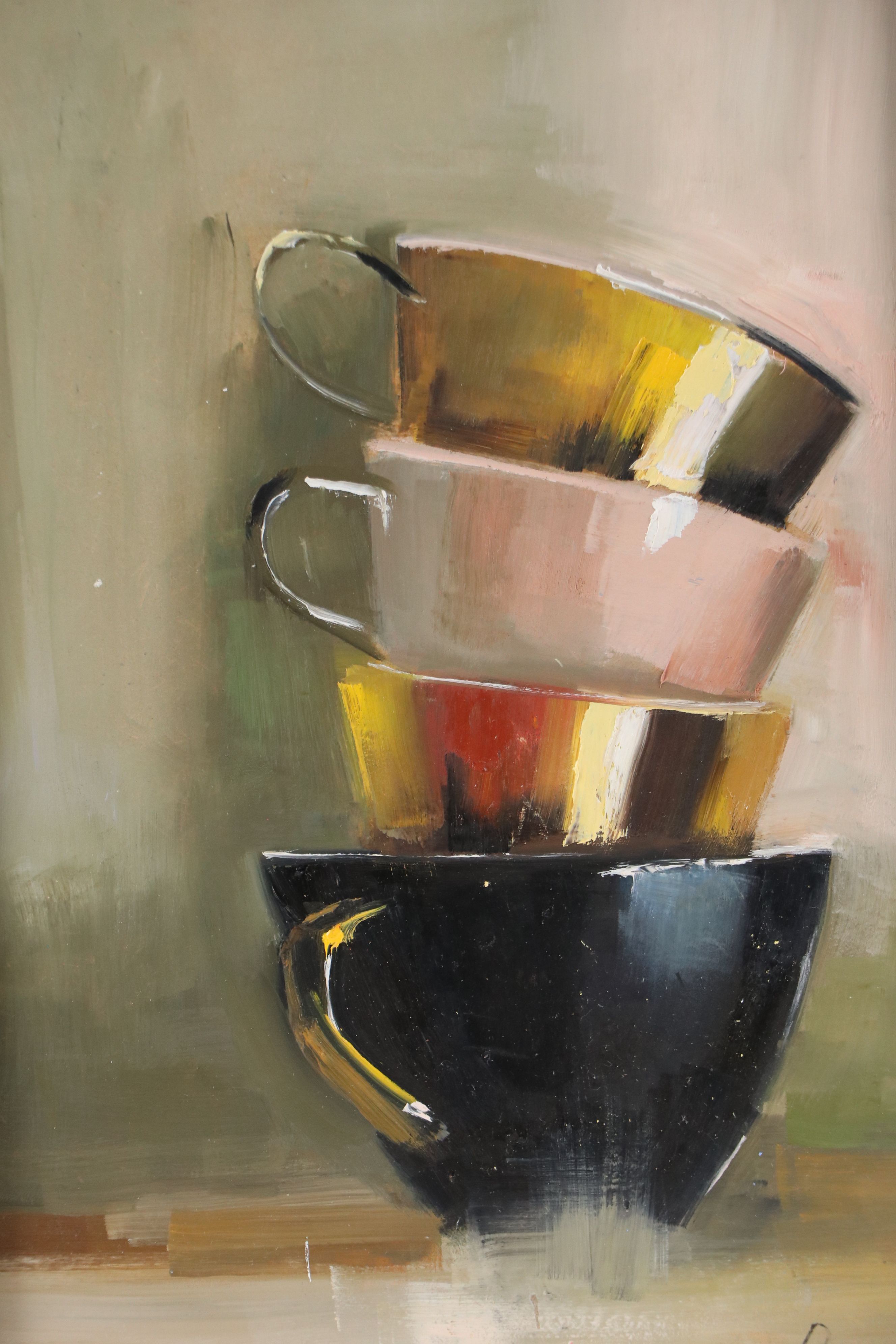 Natalia Demenko Still Life Oil Painting of Stacked Teacups, 21st Century