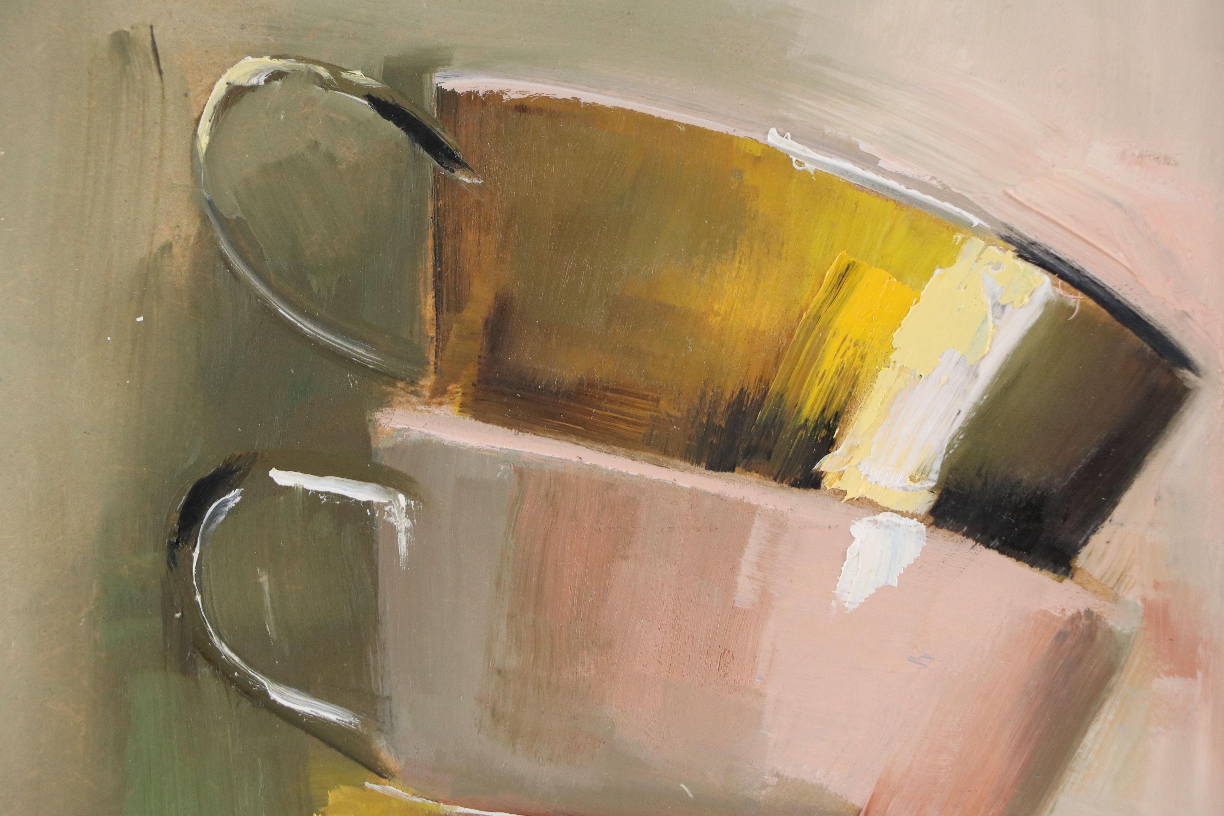 Natalia Demenko Still Life Oil Painting of Stacked Teacups, 21st Century