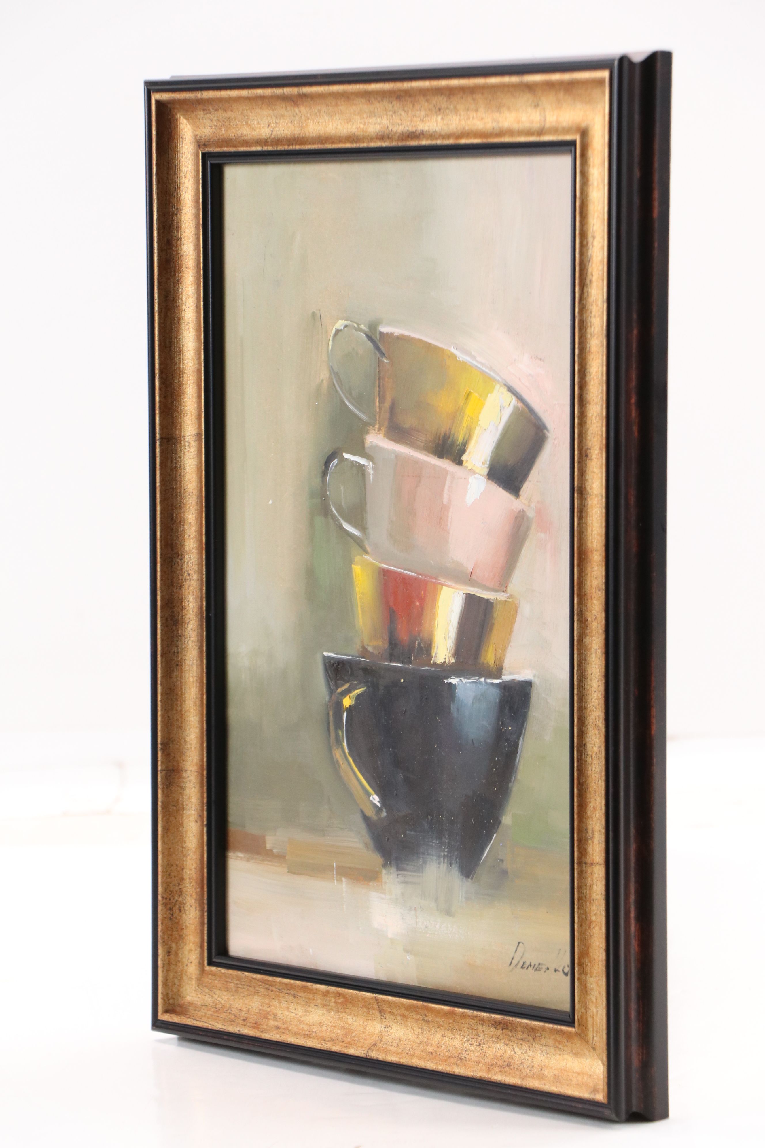 Natalia Demenko Still Life Oil Painting of Stacked Teacups, 21st Century