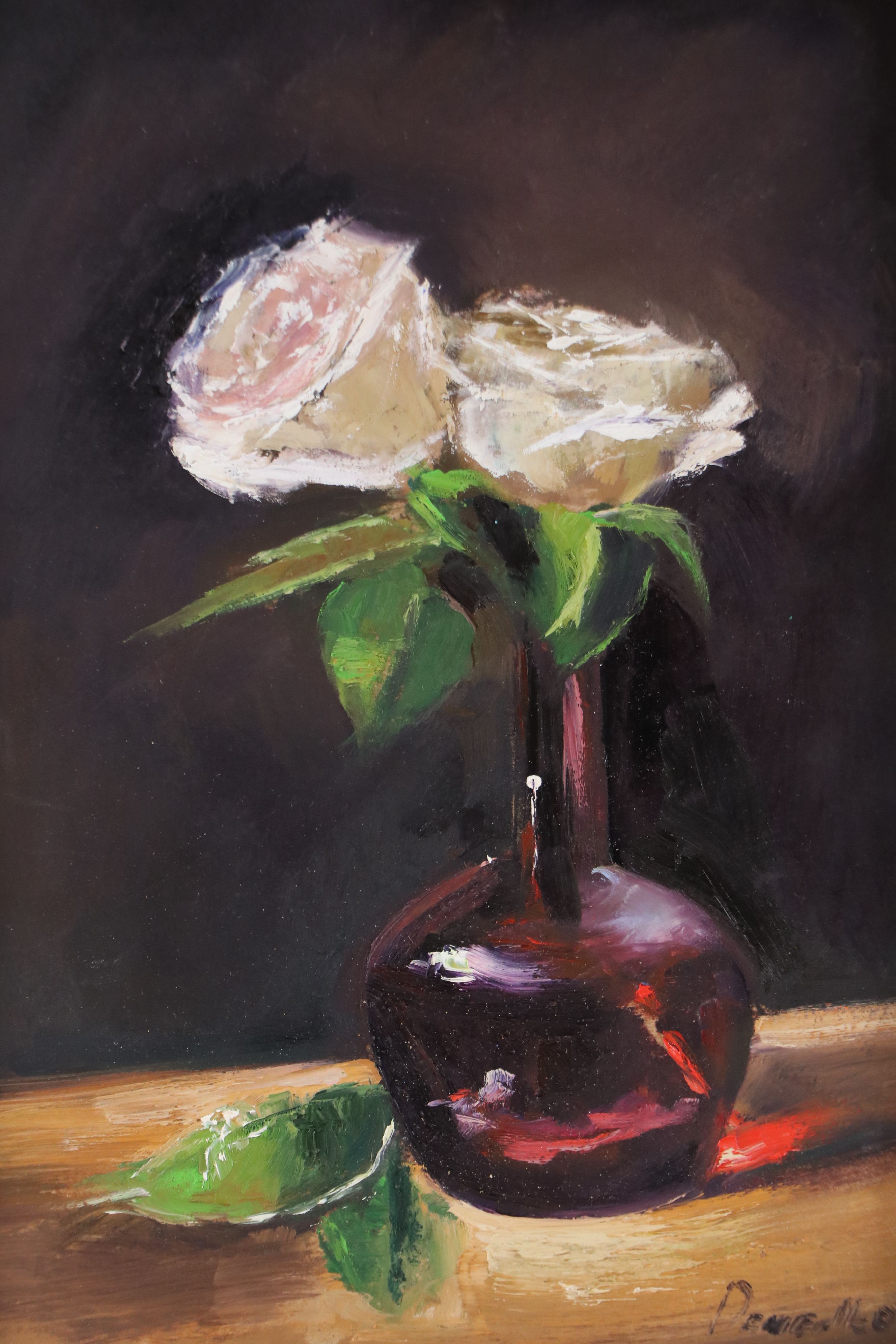 Natalia Demenko Still Life Oil Painting of Vase with Roses, 21st Century