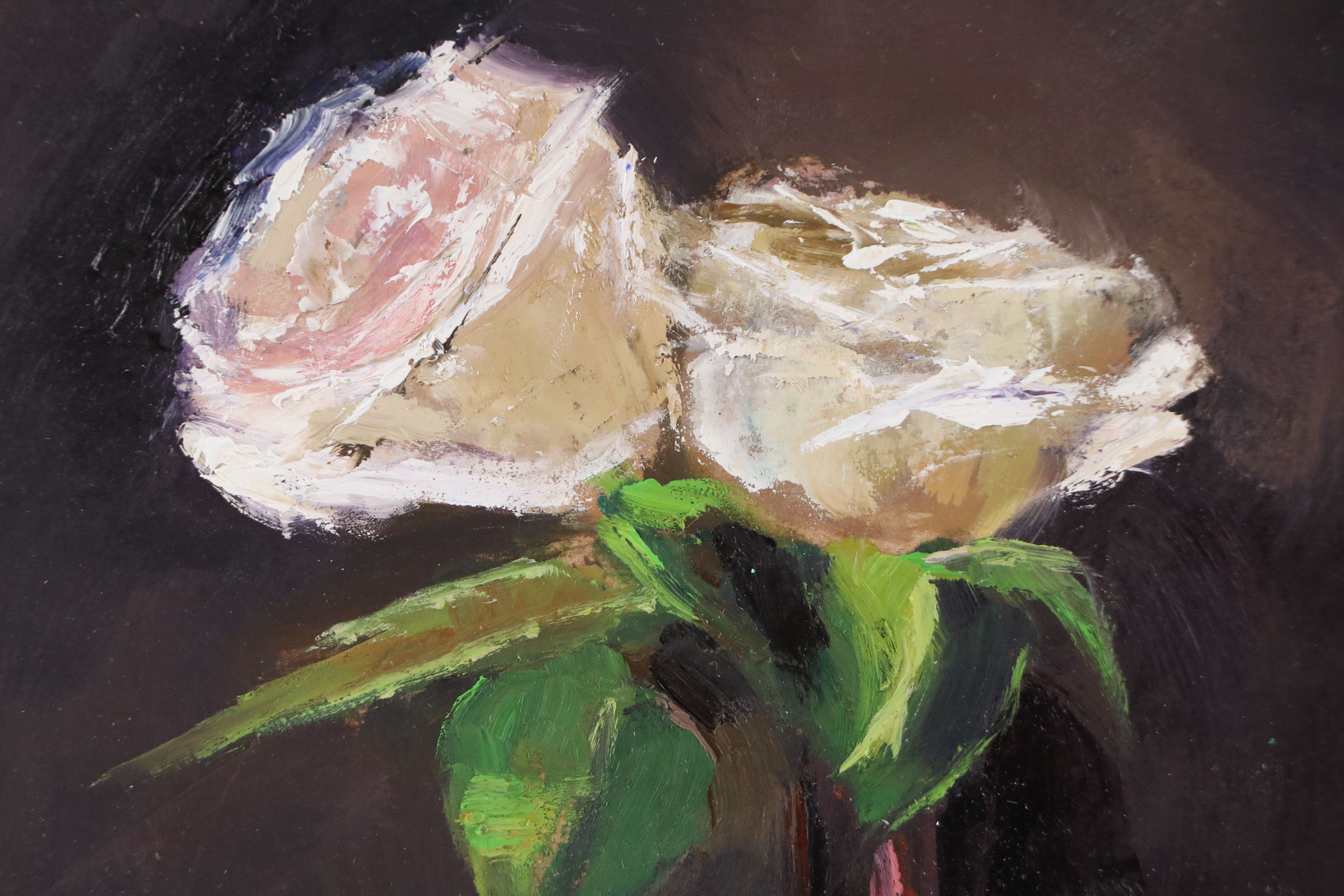 Natalia Demenko Still Life Oil Painting of Vase with Roses, 21st Century