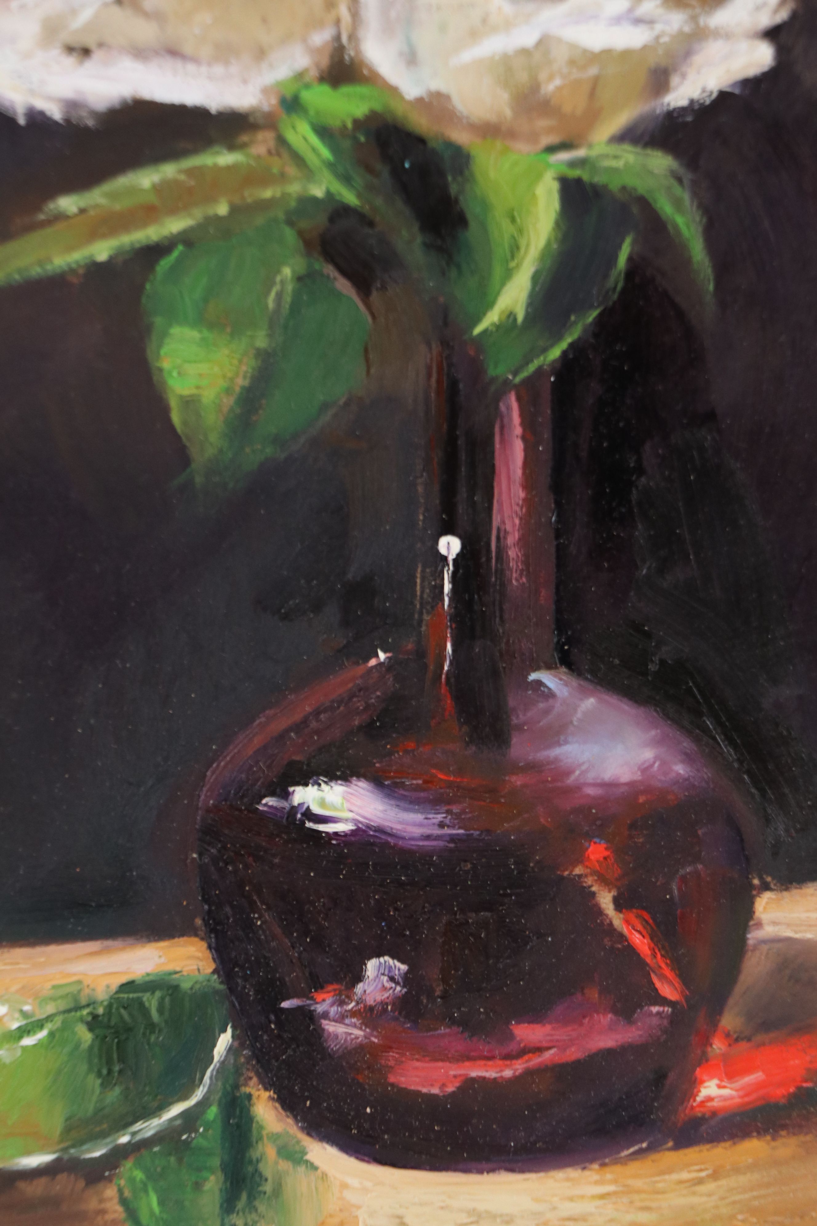 Natalia Demenko Still Life Oil Painting of Vase with Roses, 21st Century