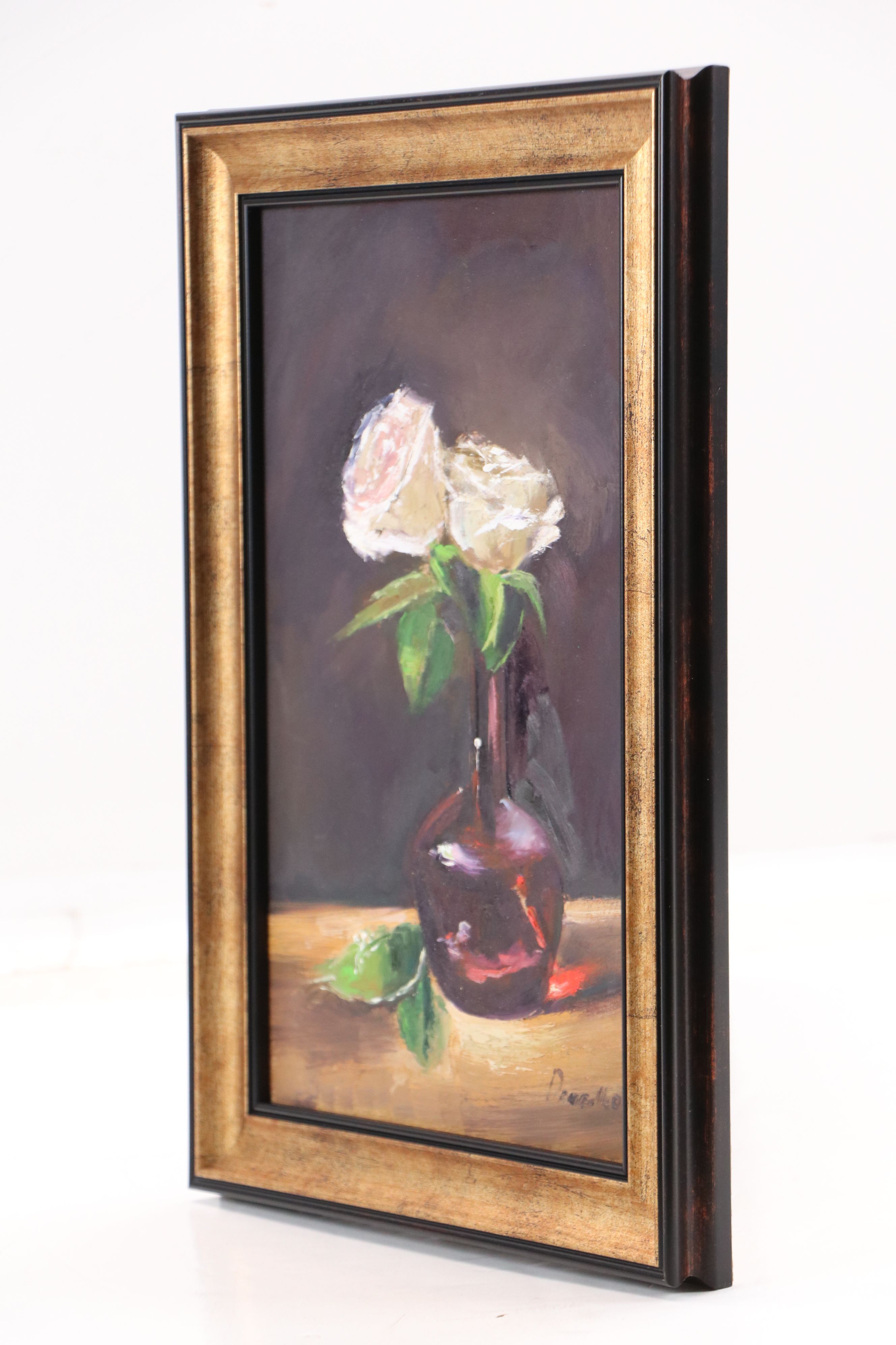 Natalia Demenko Still Life Oil Painting of Vase with Roses, 21st Century