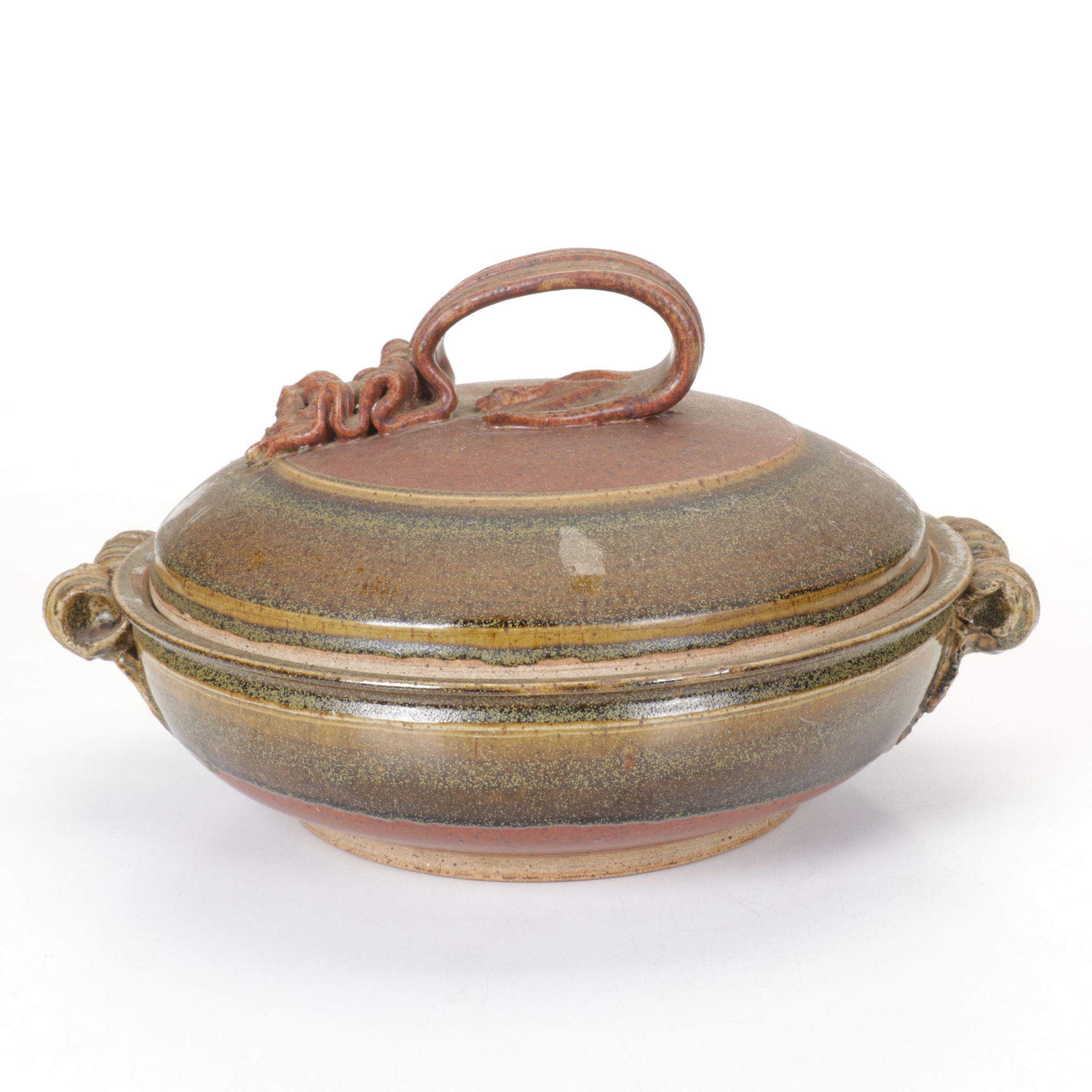 Rustic Hand-Thrown Pottery Lidded Casserole with Applied Ribbon Handles
