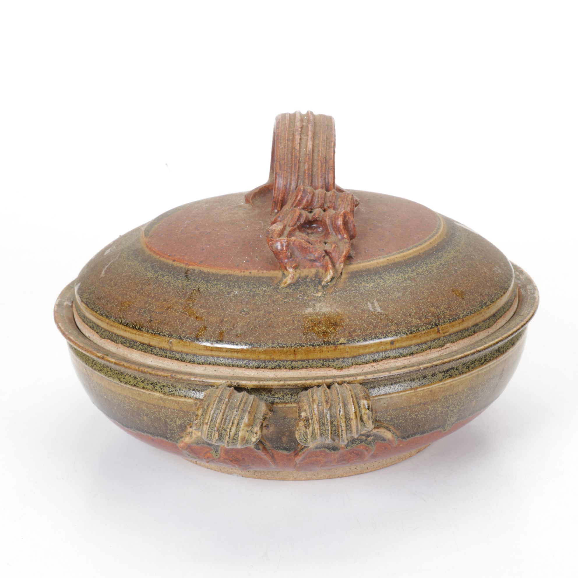 Rustic Hand-Thrown Pottery Lidded Casserole with Applied Ribbon Handles