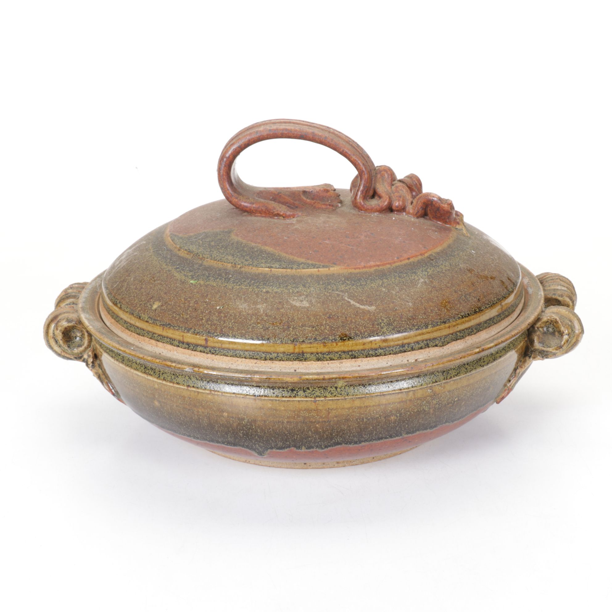 Rustic Hand-Thrown Pottery Lidded Casserole with Applied Ribbon Handles