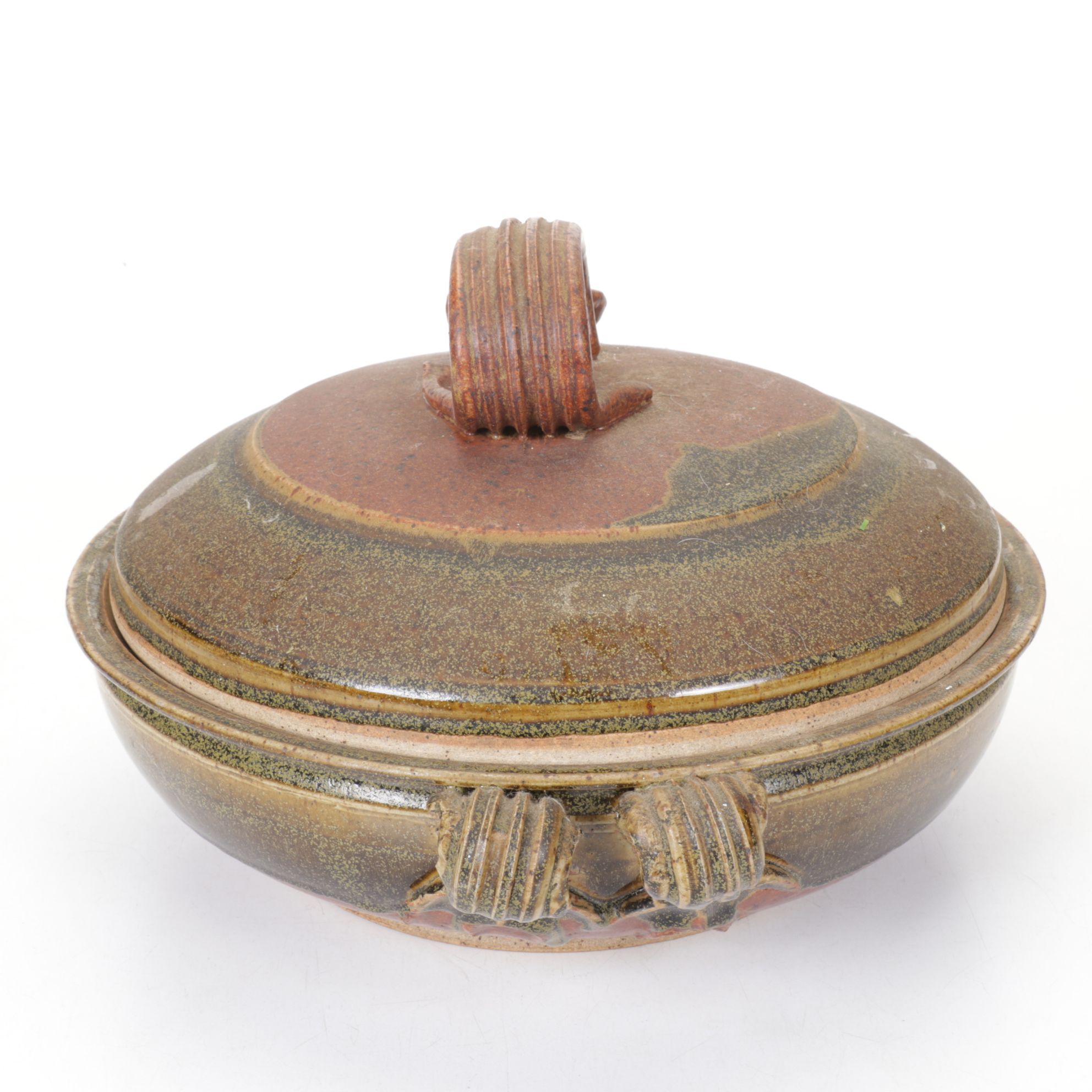 Rustic Hand-Thrown Pottery Lidded Casserole with Applied Ribbon Handles