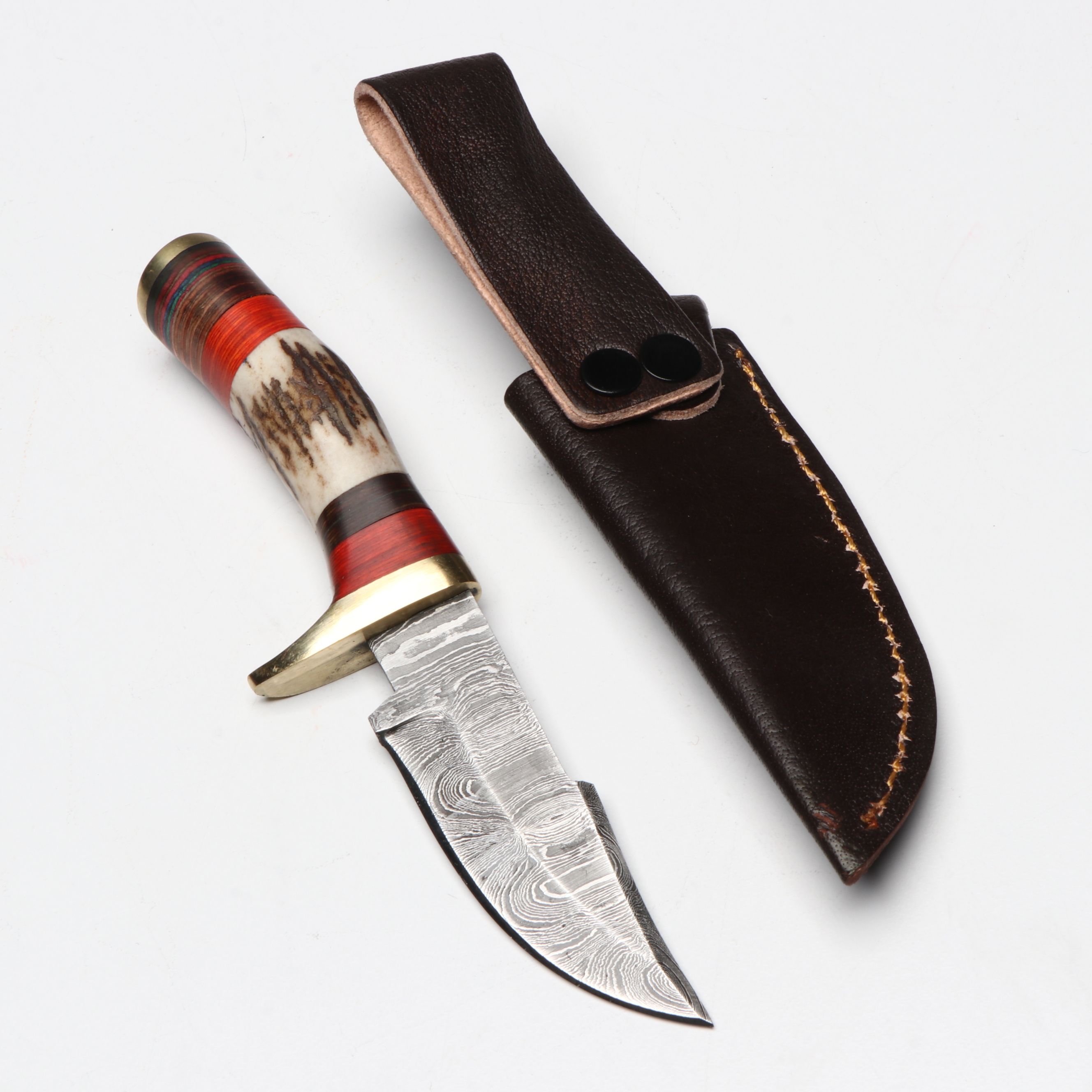 Damascus Steel Skinner and Hunting Knives in Leather Scabbards