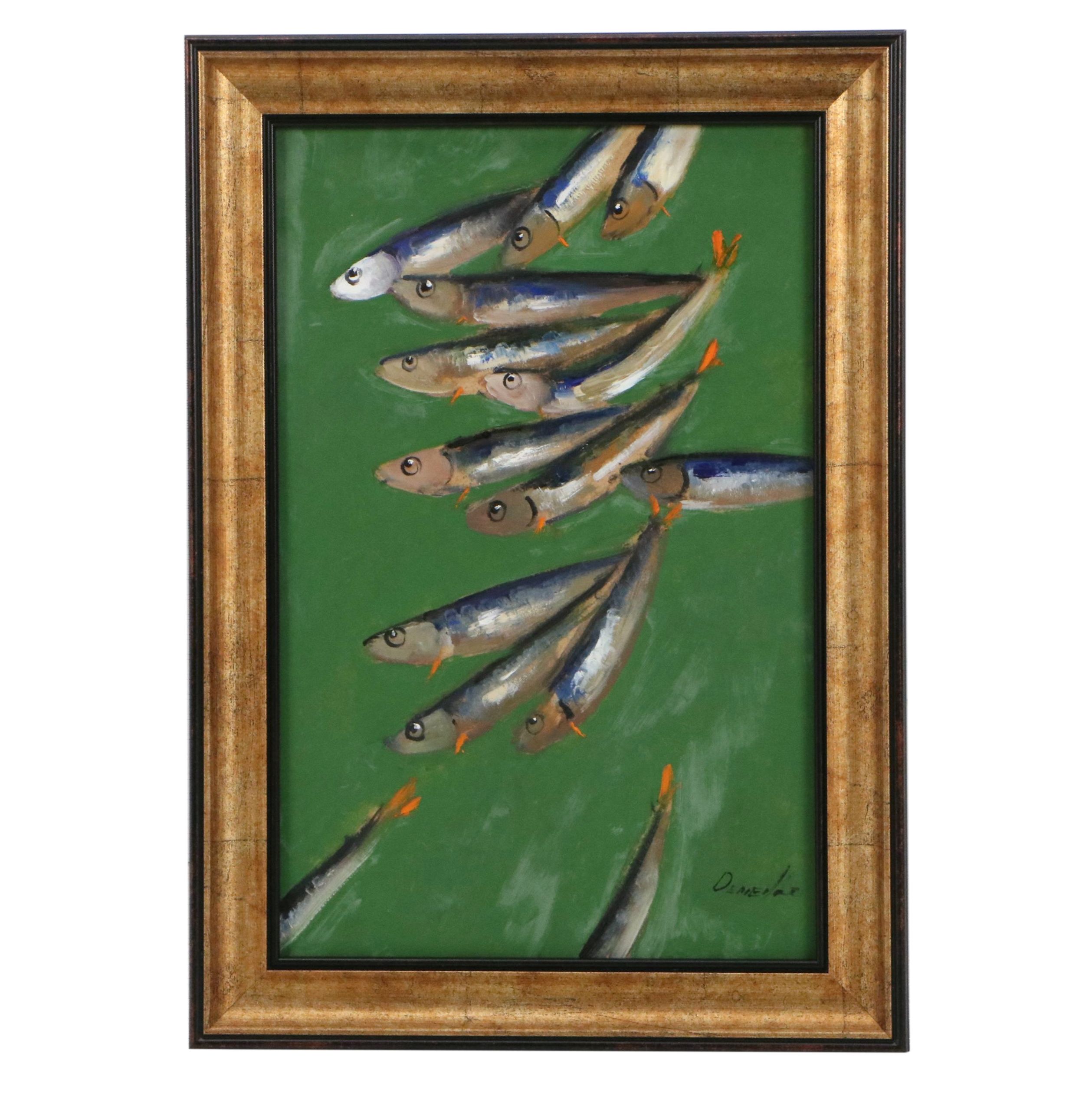 Natalia Demenko Oil Painting of Sardines on Board, 21st Century