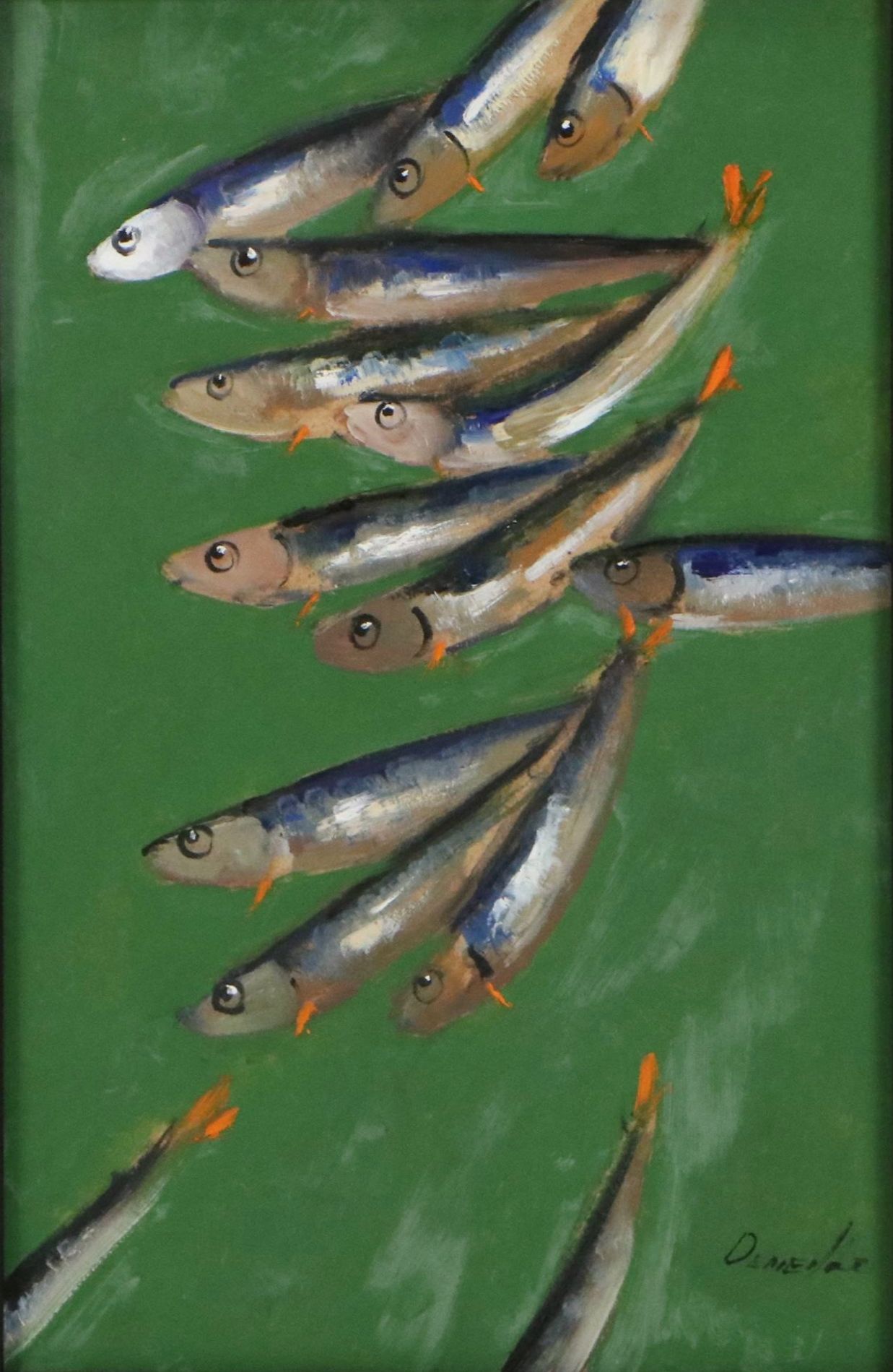 Natalia Demenko Oil Painting of Sardines on Board, 21st Century