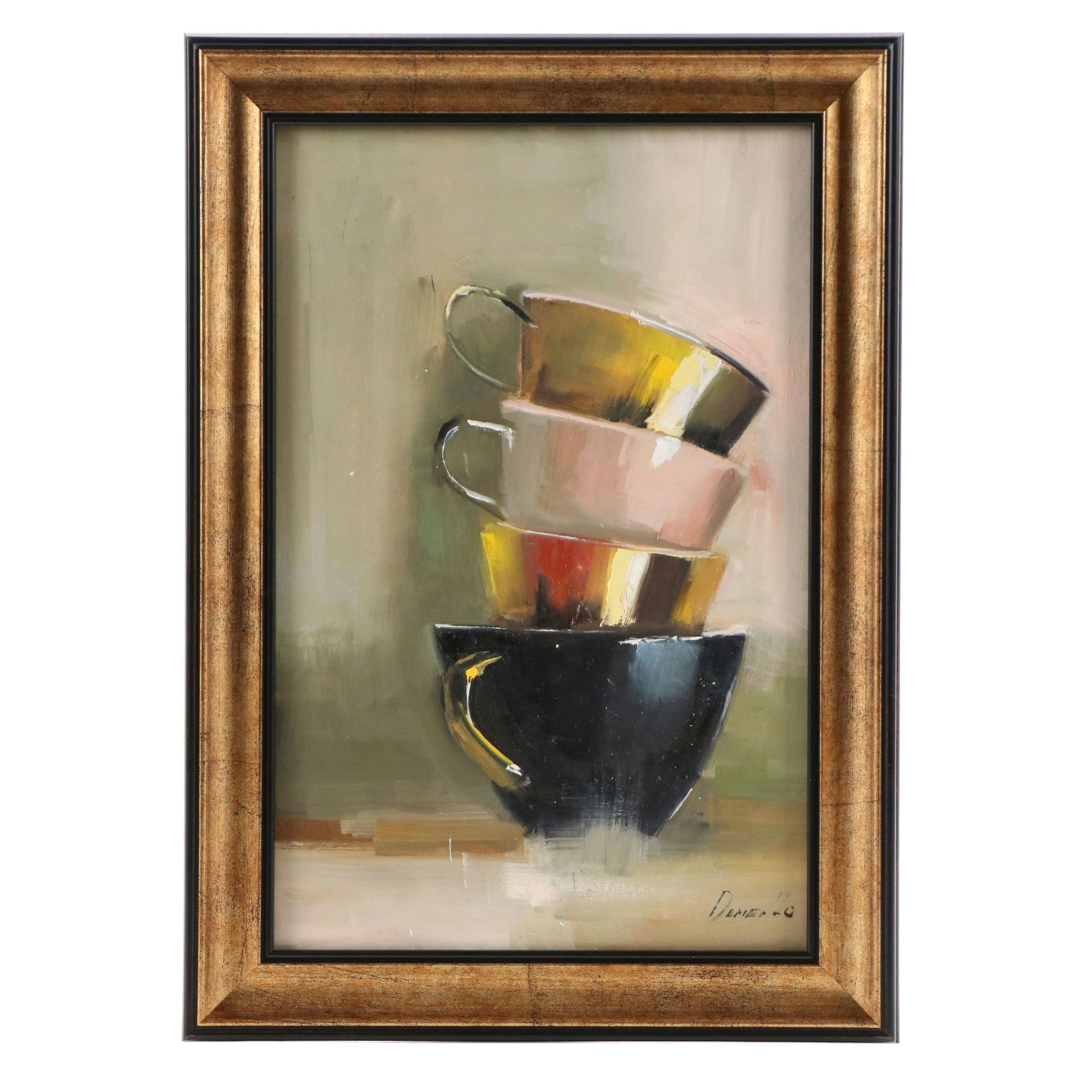Natalia Demenko Still Life Oil Painting of Stacked Teacups, 21st Century