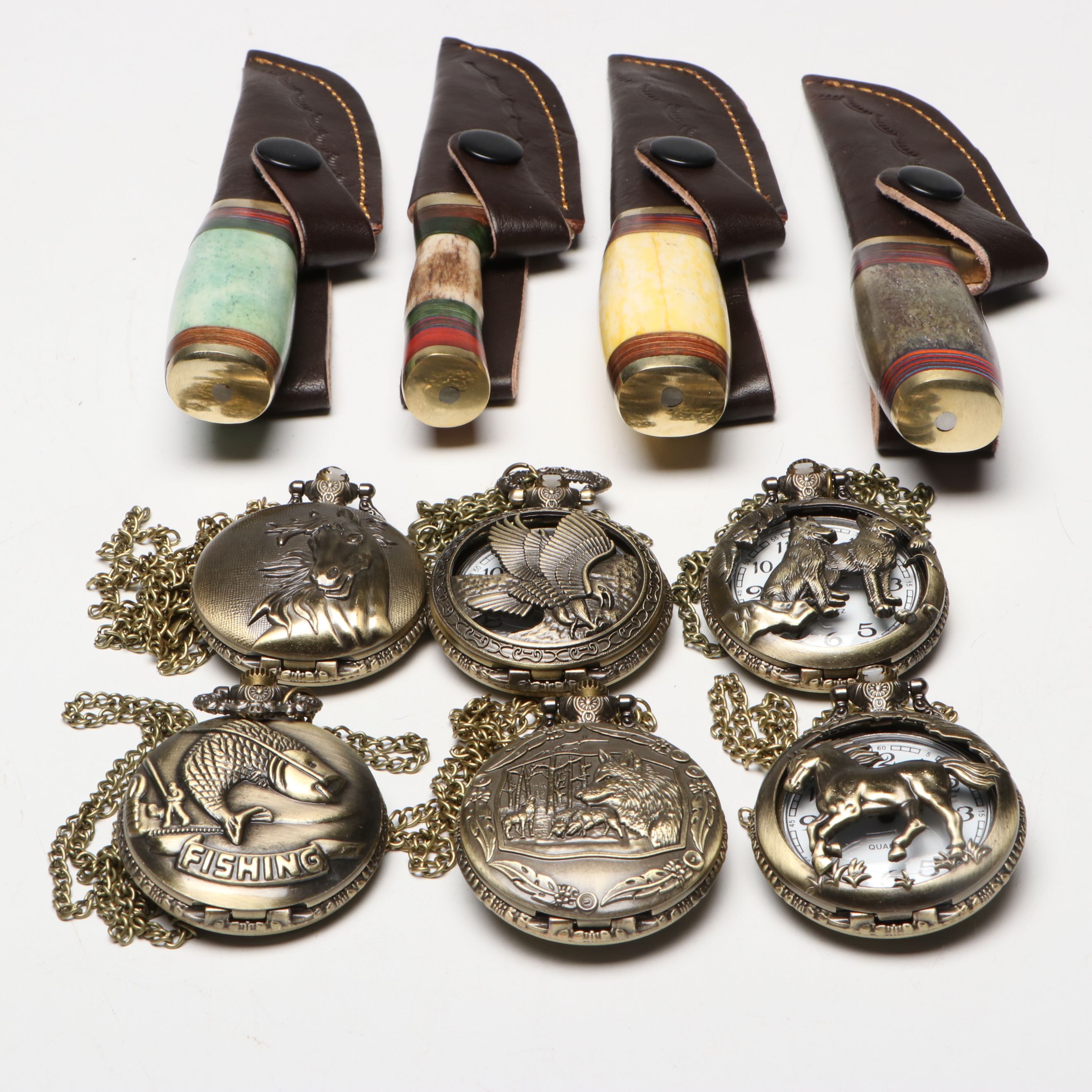 Damascus Steel Knives with Novelty Pocket Watches