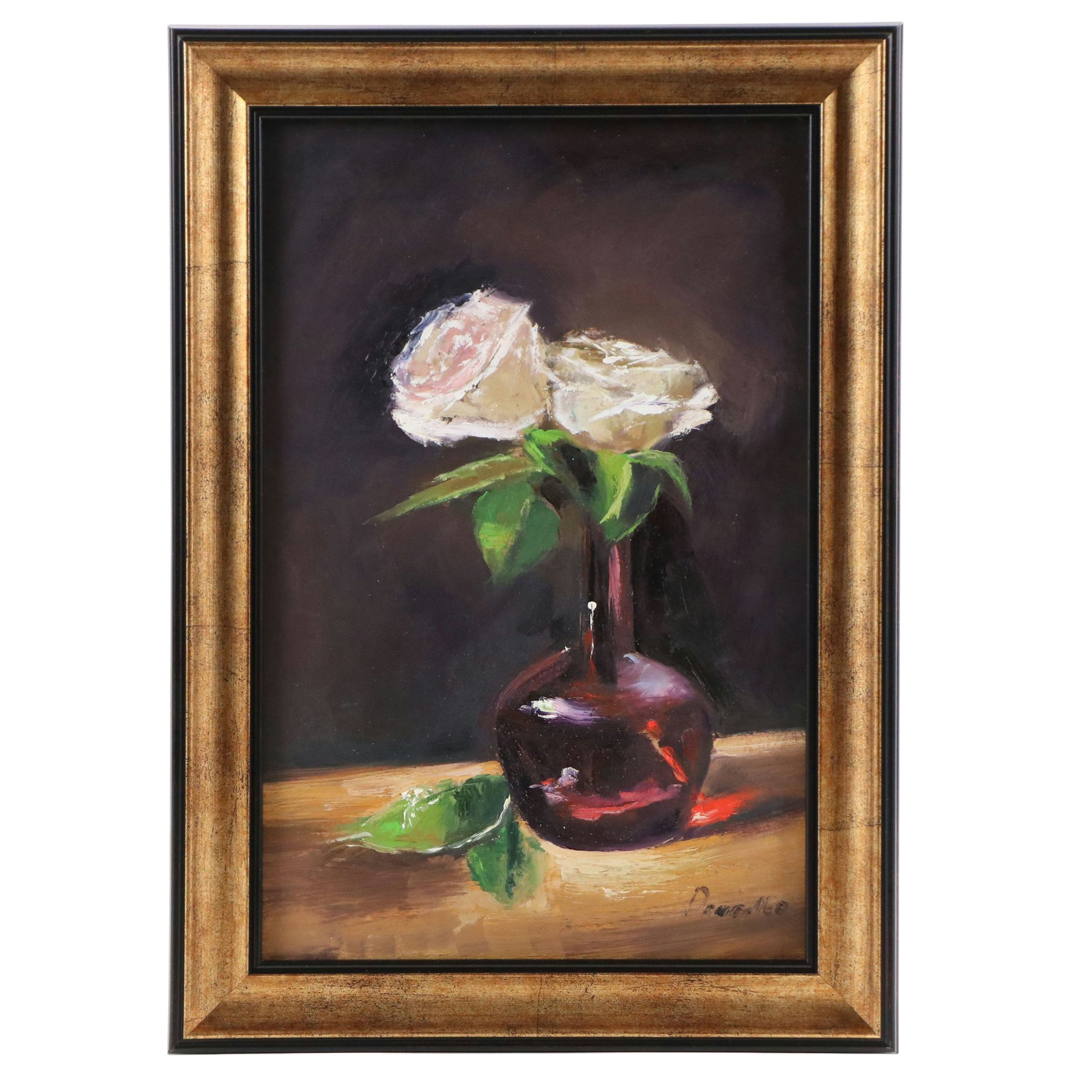 Natalia Demenko Still Life Oil Painting of Vase with Roses, 21st Century