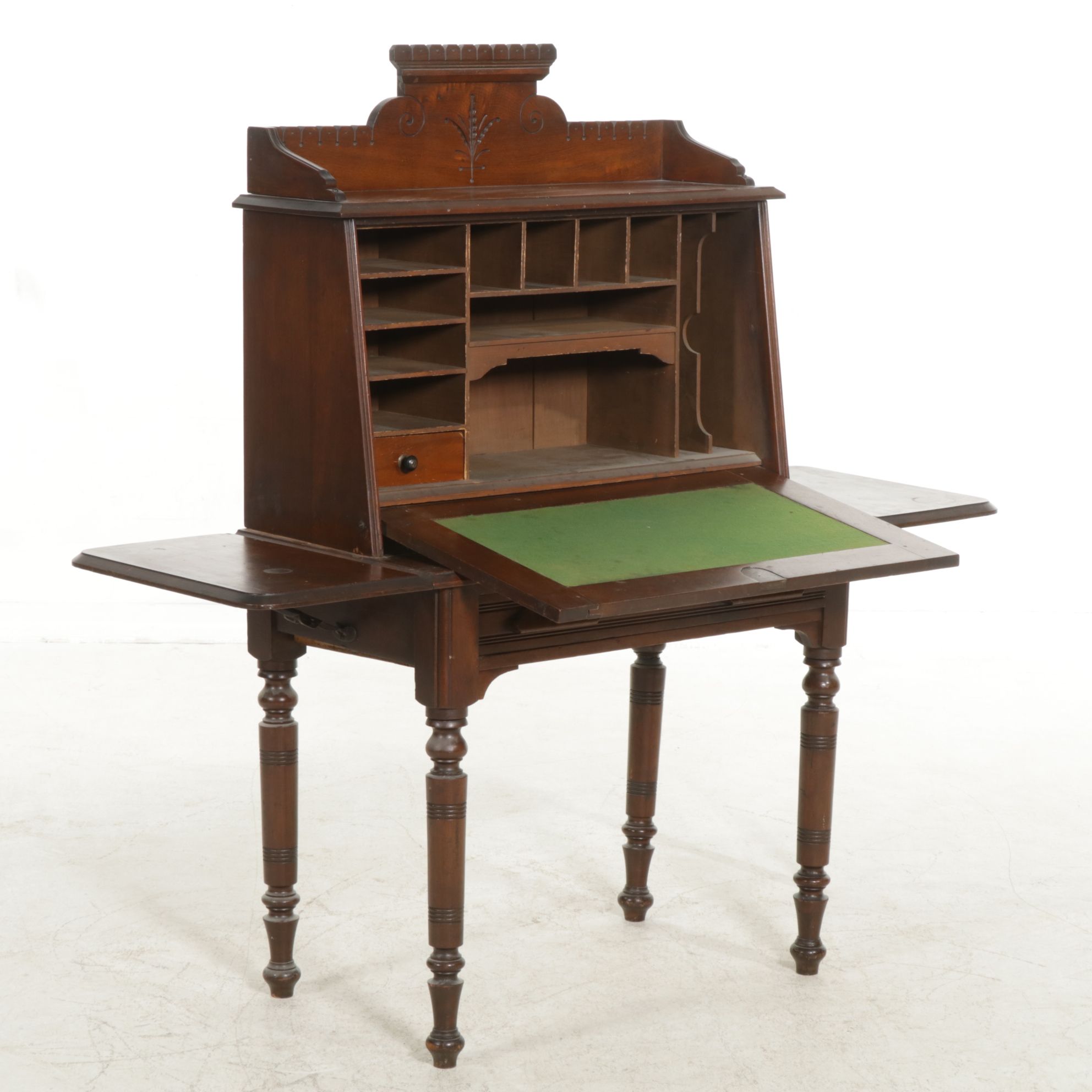 Eastlake Walnut Fall Front Secretary Desk with Drop Leaf Extensions and Chair