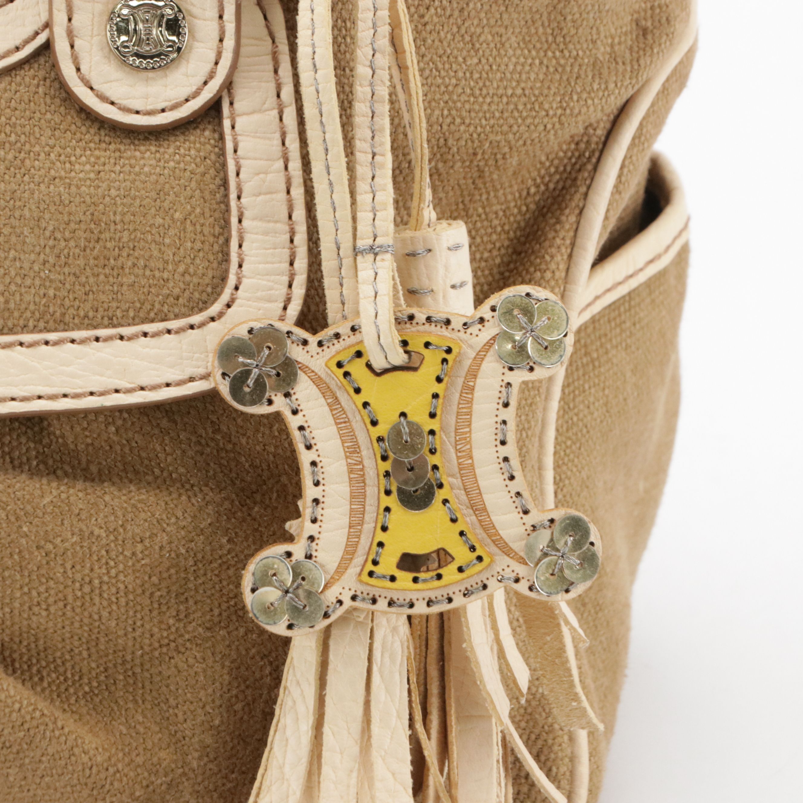 Celine Boogie Handbag in Natural Canvas and Ivory Leather Trim with Tassel Charm