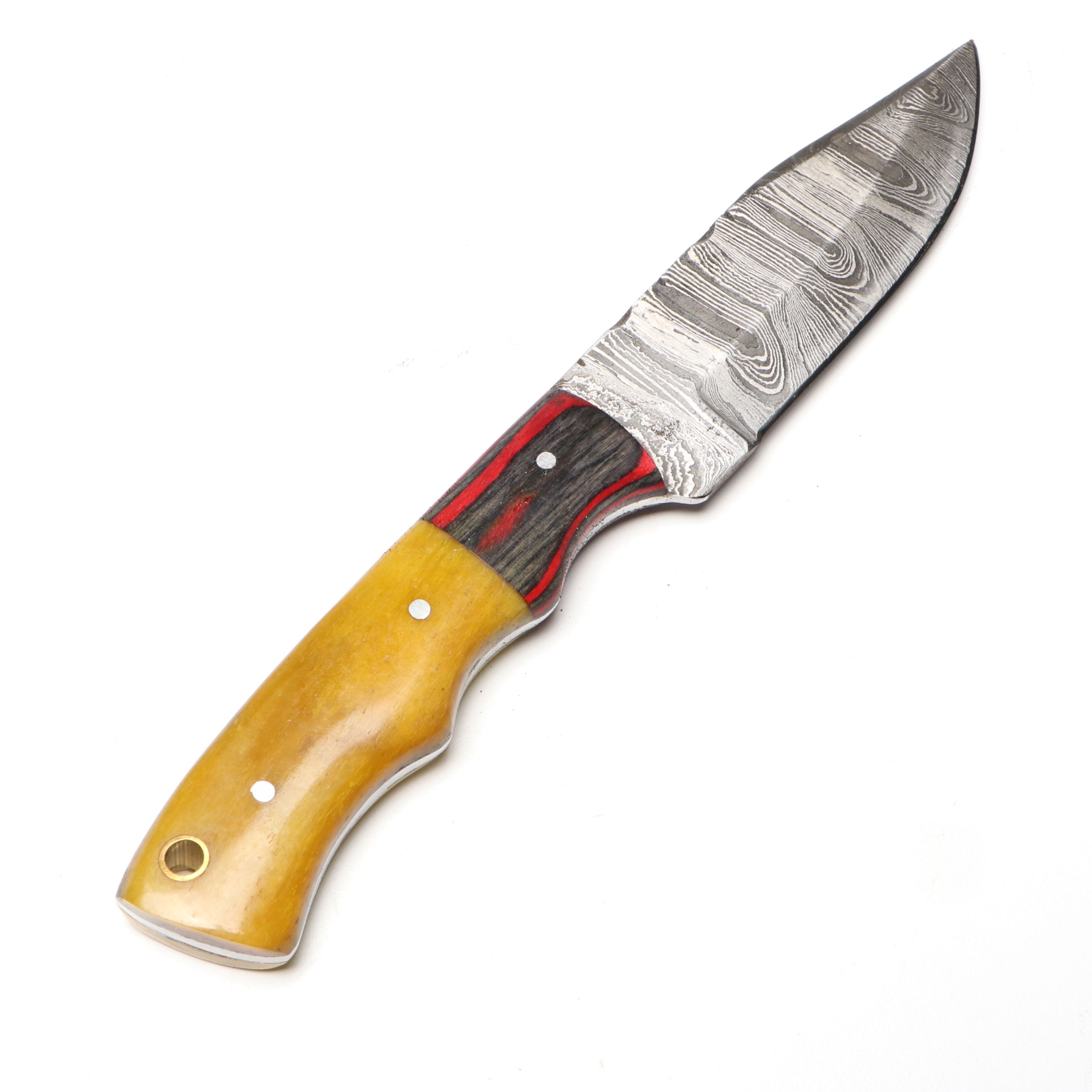 Damascus Steel with Antler and Bone Handled Skinner Knives in Leather Scabbards