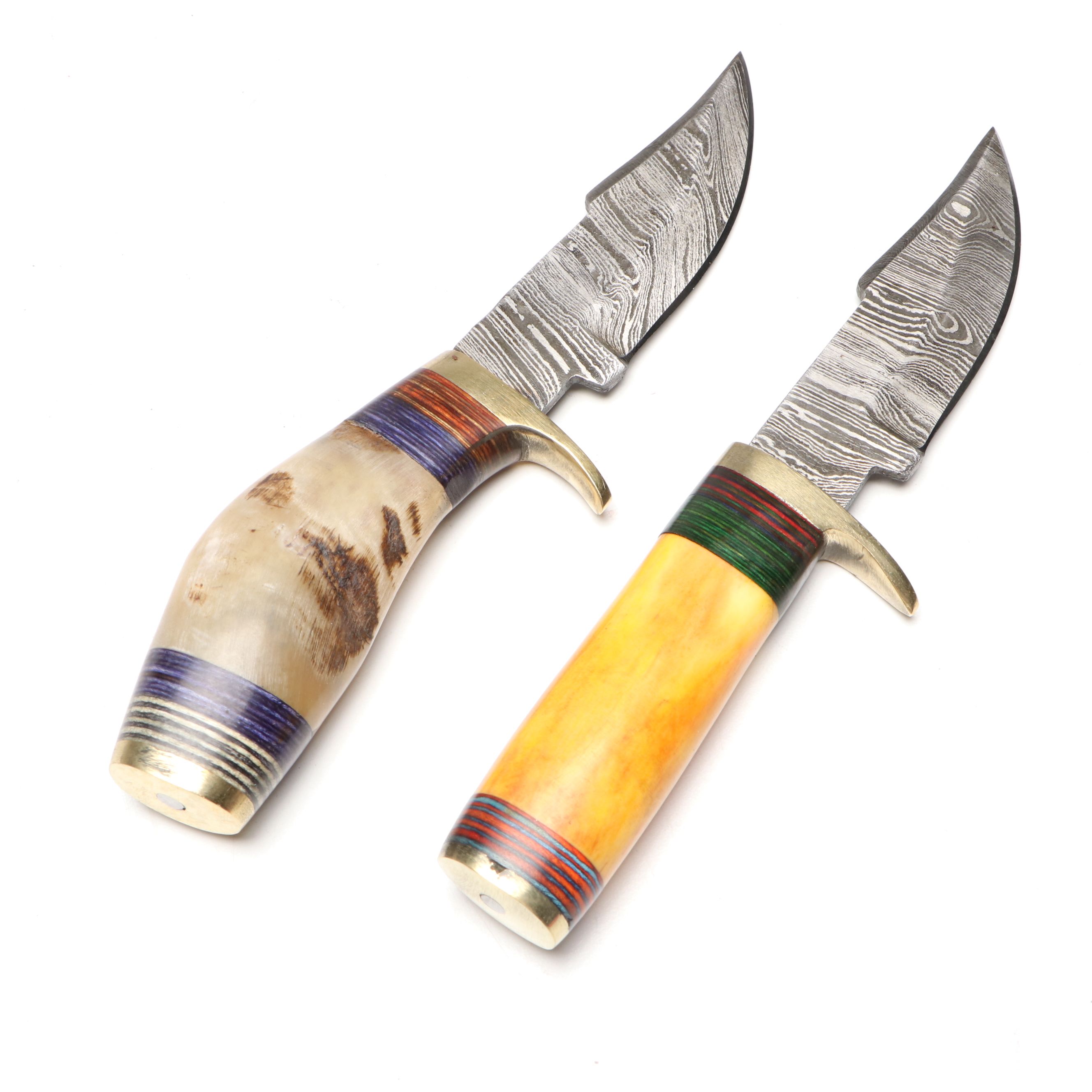 Damascus Steel with Antler and Bone Handled Skinner Knives in Leather Scabbards