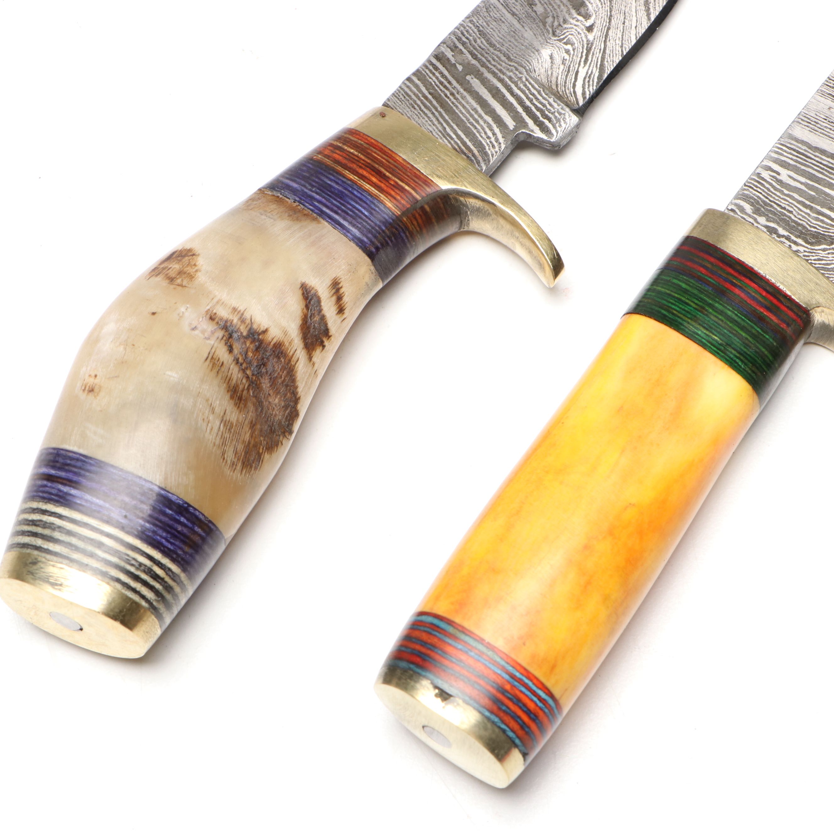 Damascus Steel with Antler and Bone Handled Skinner Knives in Leather Scabbards