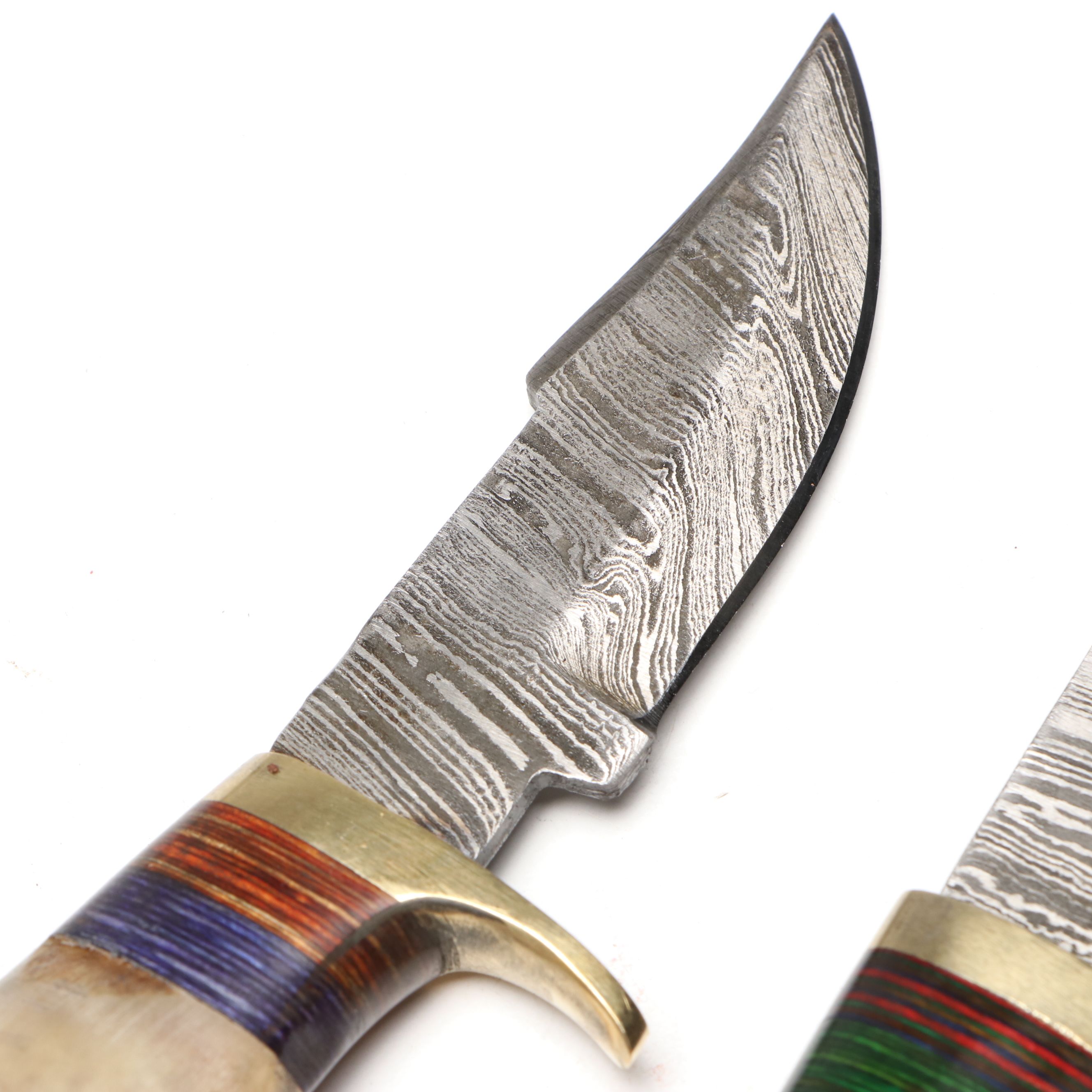 Damascus Steel with Antler and Bone Handled Skinner Knives in Leather Scabbards