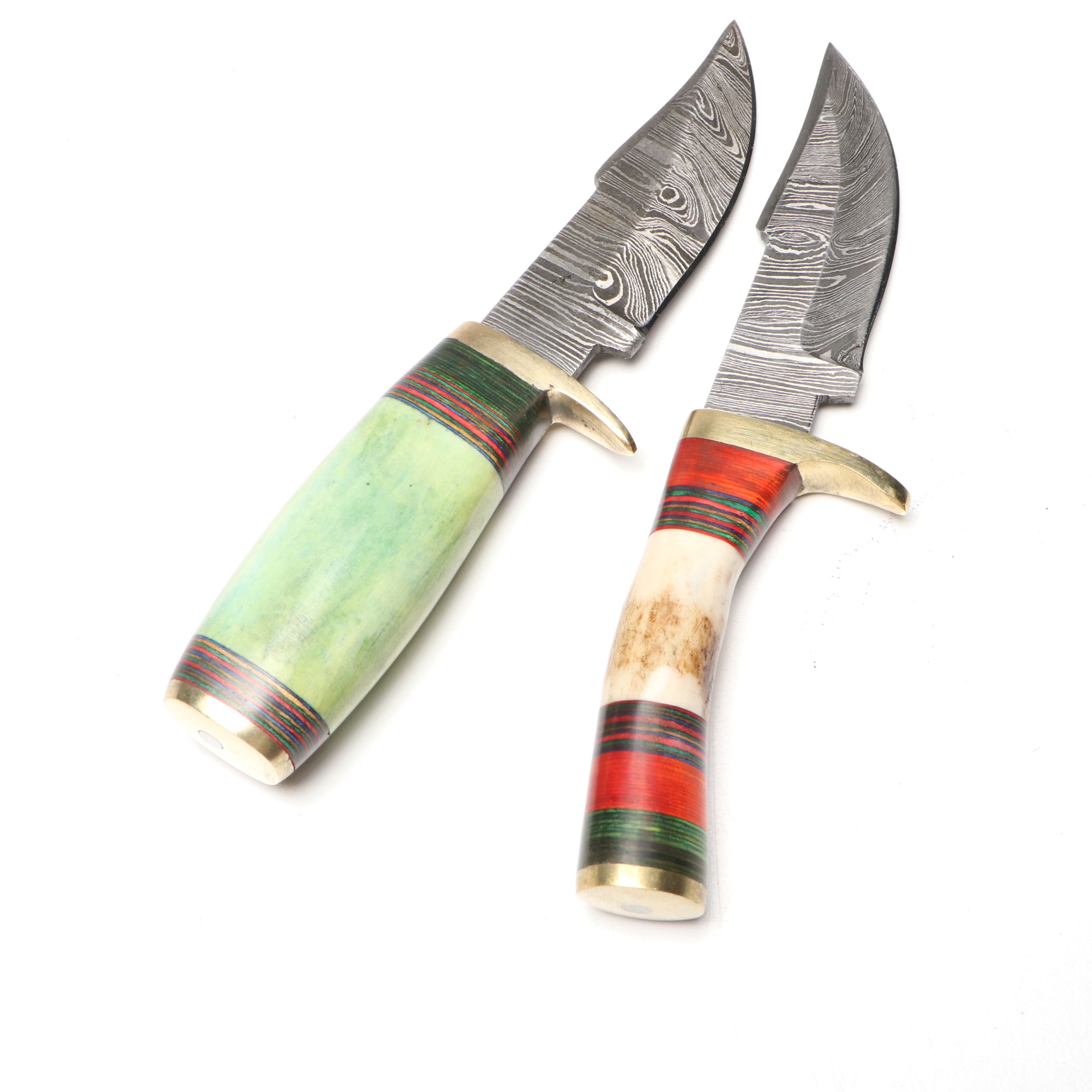 Damascus Steel with Antler and Bone Handled Skinner Knives in Leather Scabbards